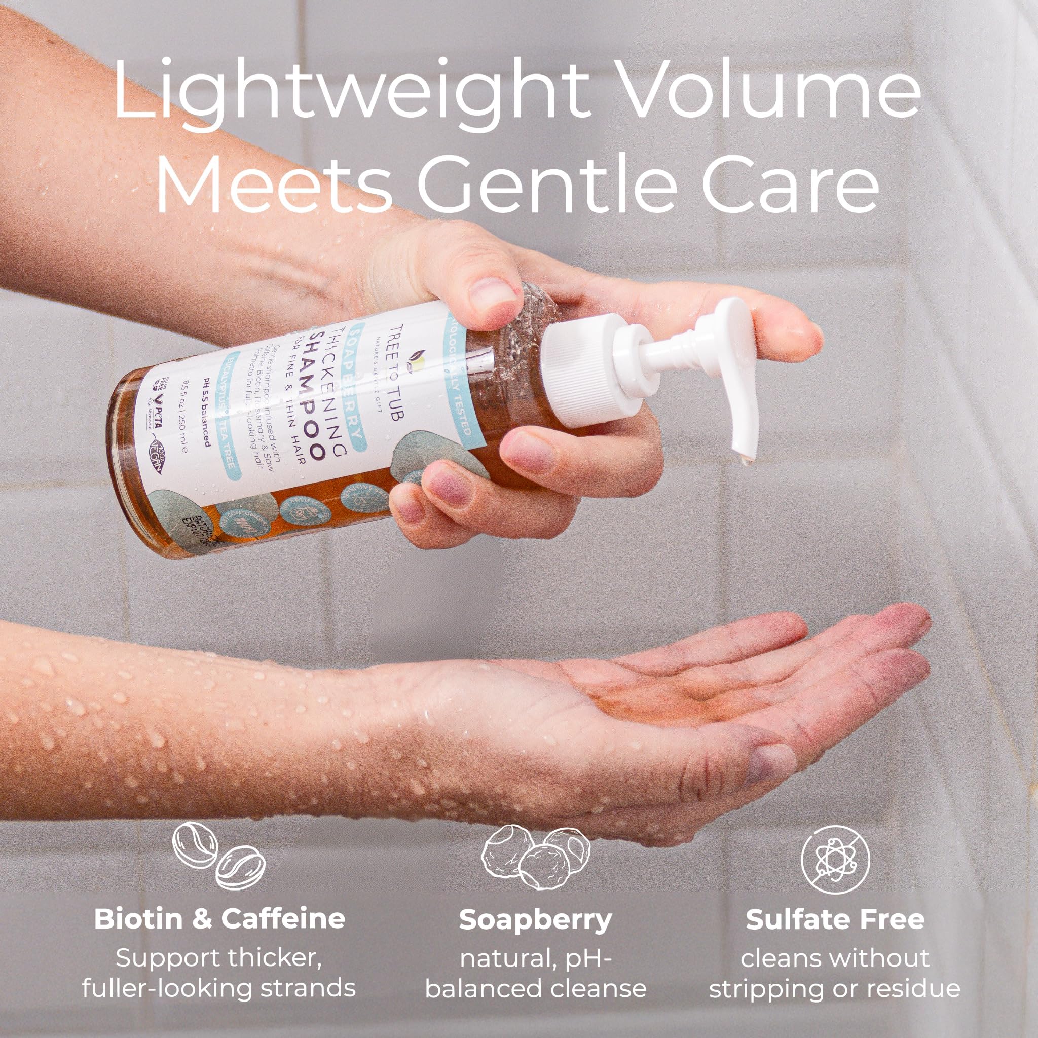 Tree To Tub Biotin Szampon zagęszczający do włosów, dla grubszych i pełniejszych objętości, delikatny szampon z olejkiem arganowym bez siarczanów, dla kobiet i mężczyzn, z kofeiną, organiczna palma do
