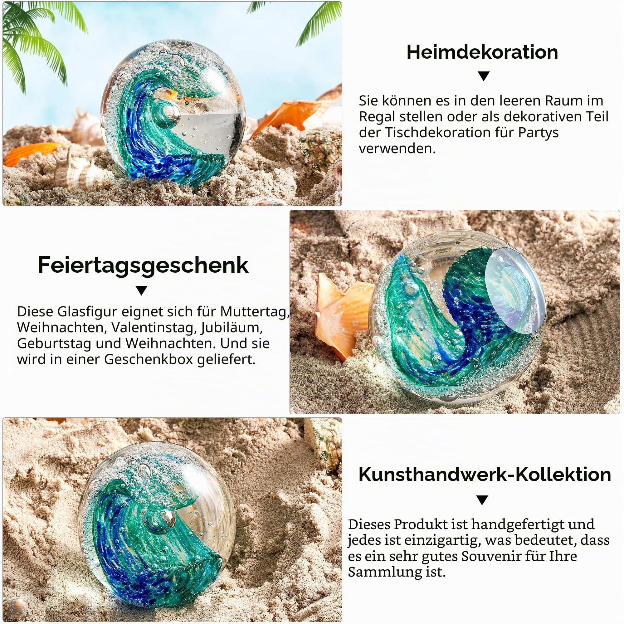 EUSTUMA Handgeblasene Glasfigur mit Ozeanwellen, Glaskugel, Briefbeschwerer, Dekoration für Zuhause und Büro, für Aquarienliebhaber