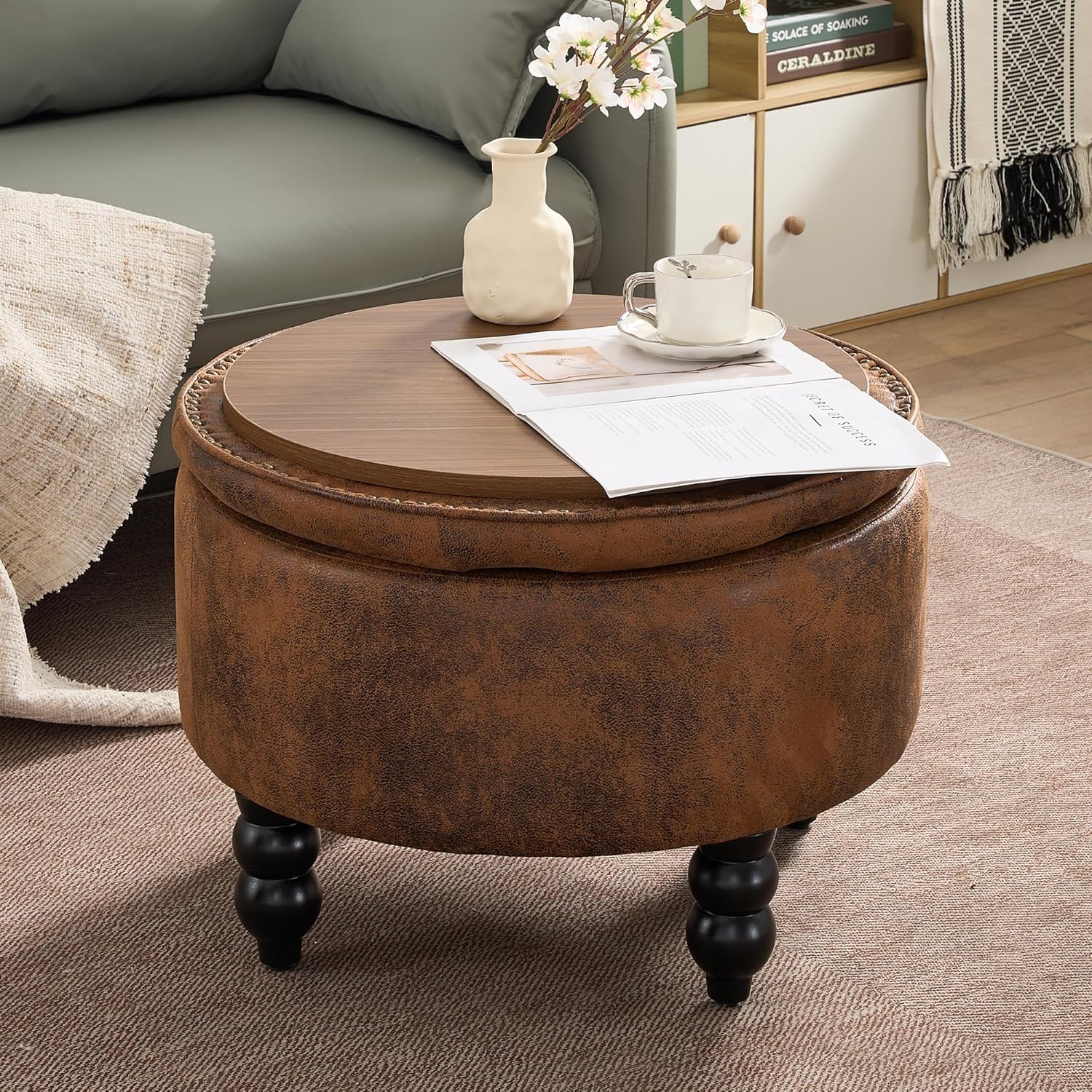 24 Inch PU Leather Round Ottoman with Storage, Upholstered Button Tufted Ottoman Coffee Table with Removeable Top, Foot Rest for Living Room, Bedroom, Light Brown