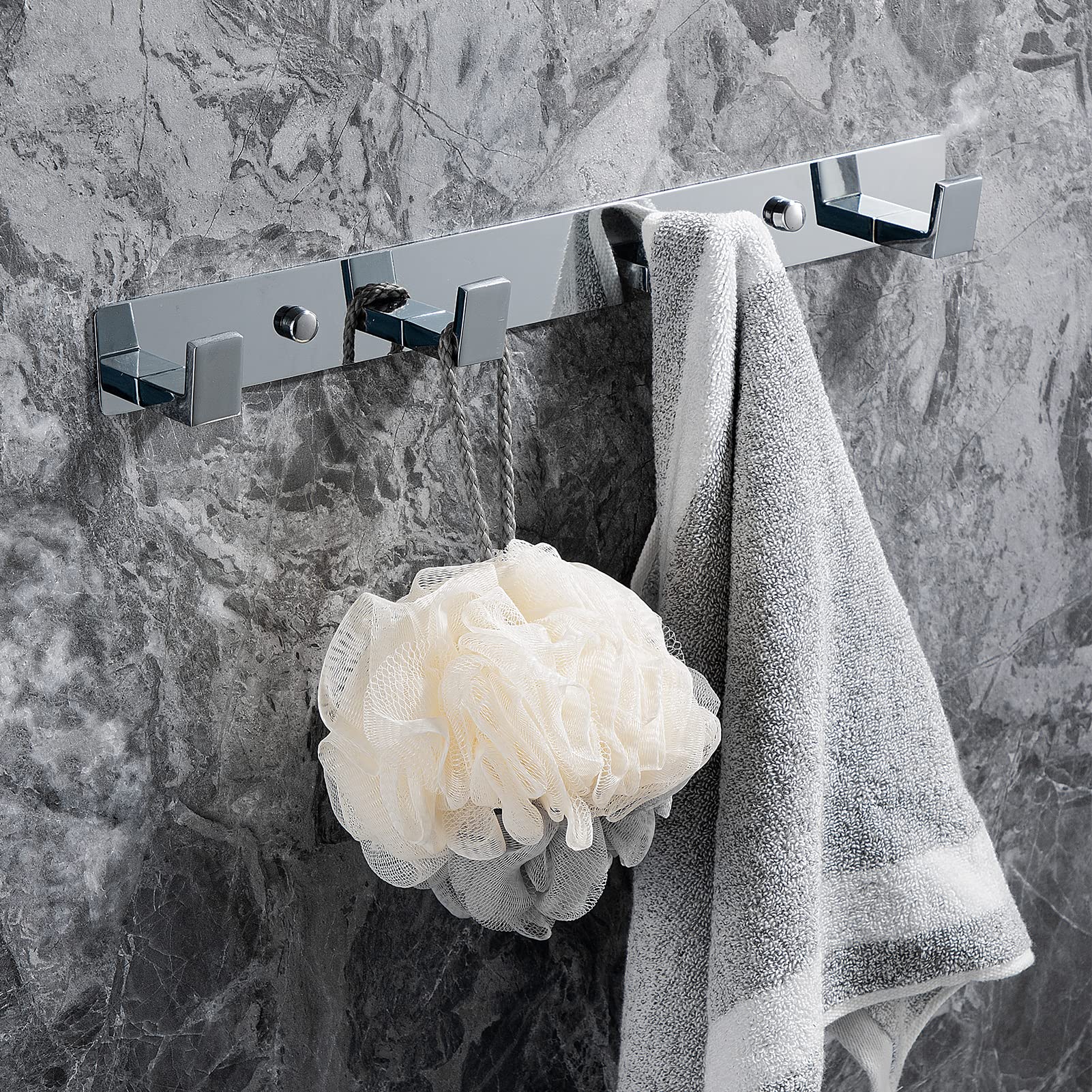 YUET Percheros Pared con 4 Ganchos, Acero Inoxidable, Ganchos Perchas de Montaje en Pared, Colgadores Toalleros de Gancho para Baño Cocina Albornoz Trapos Puerta Entrada, Cromado