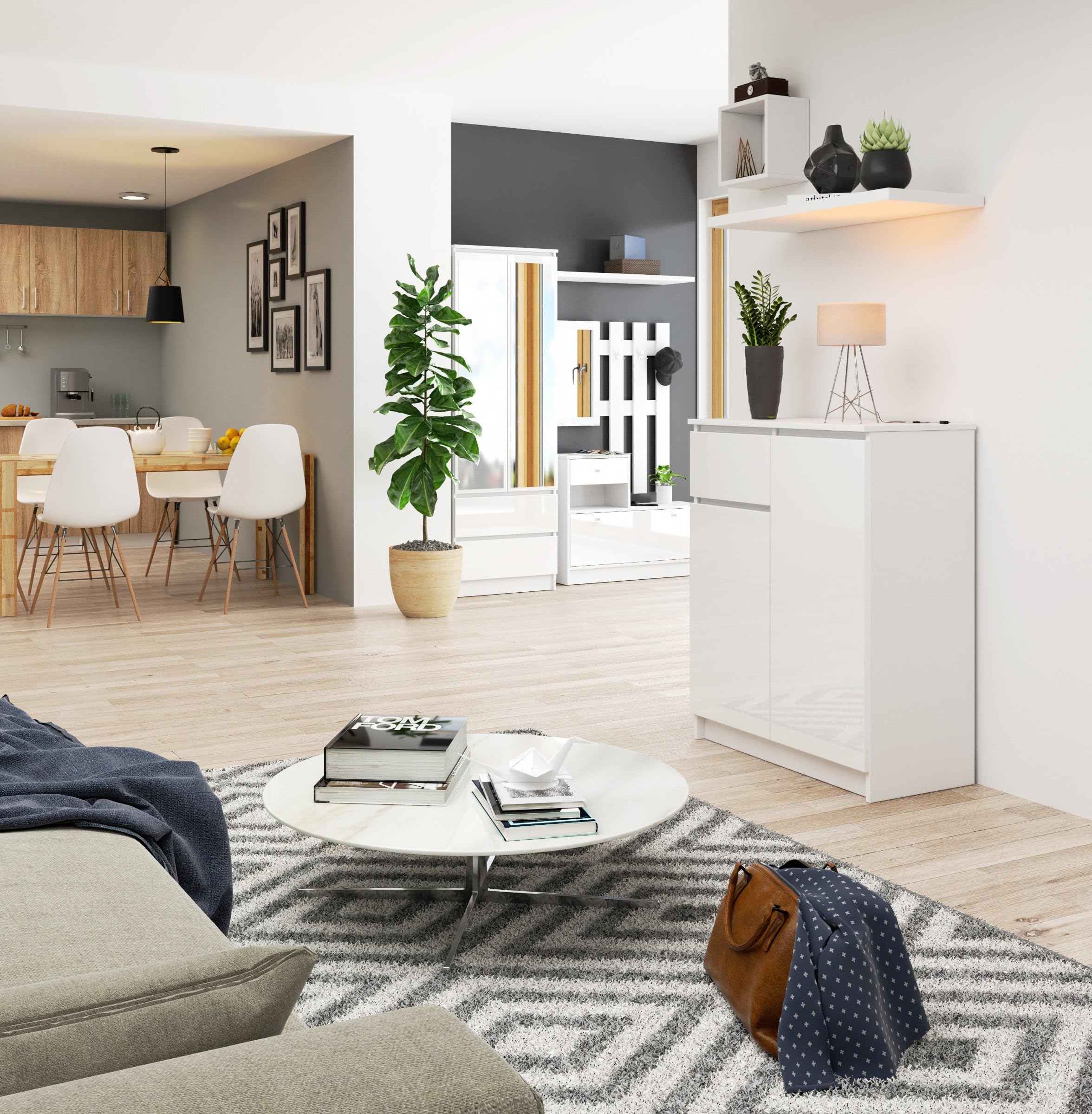 AKORD Cassettiera K80 con 2 ante e 1 cassetto | Mobiletti Ingresso Bagno | Armadio Cameretta | Comodino | Design moderno | L80 x H99 x P40 cm, peso 34 kg | Bianco & Bianco Lucido Frontale