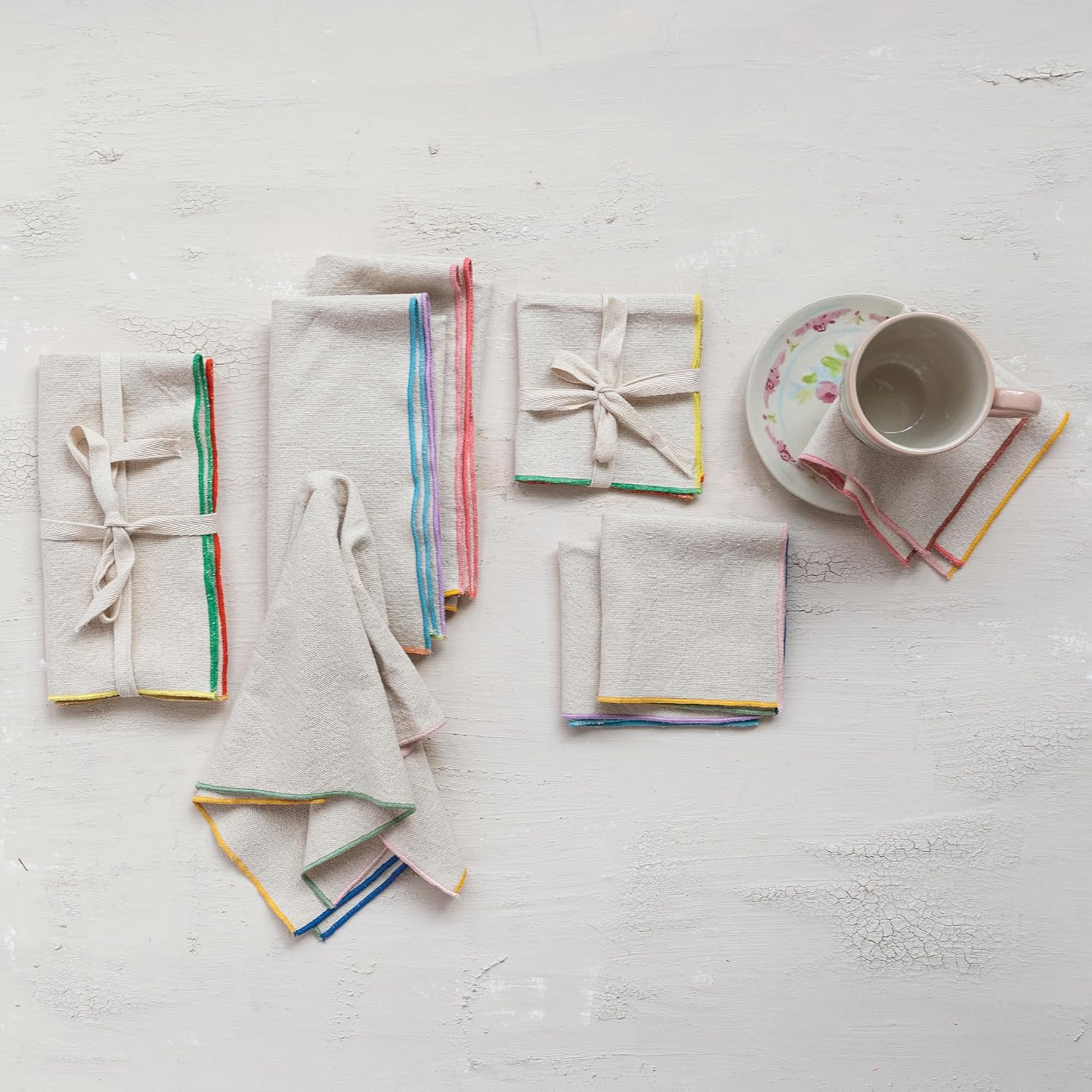 Creative Co-Op 4-Piece Large Woven Cotton Cocktail Napkins with Stitched Colored Trim, Multicolor