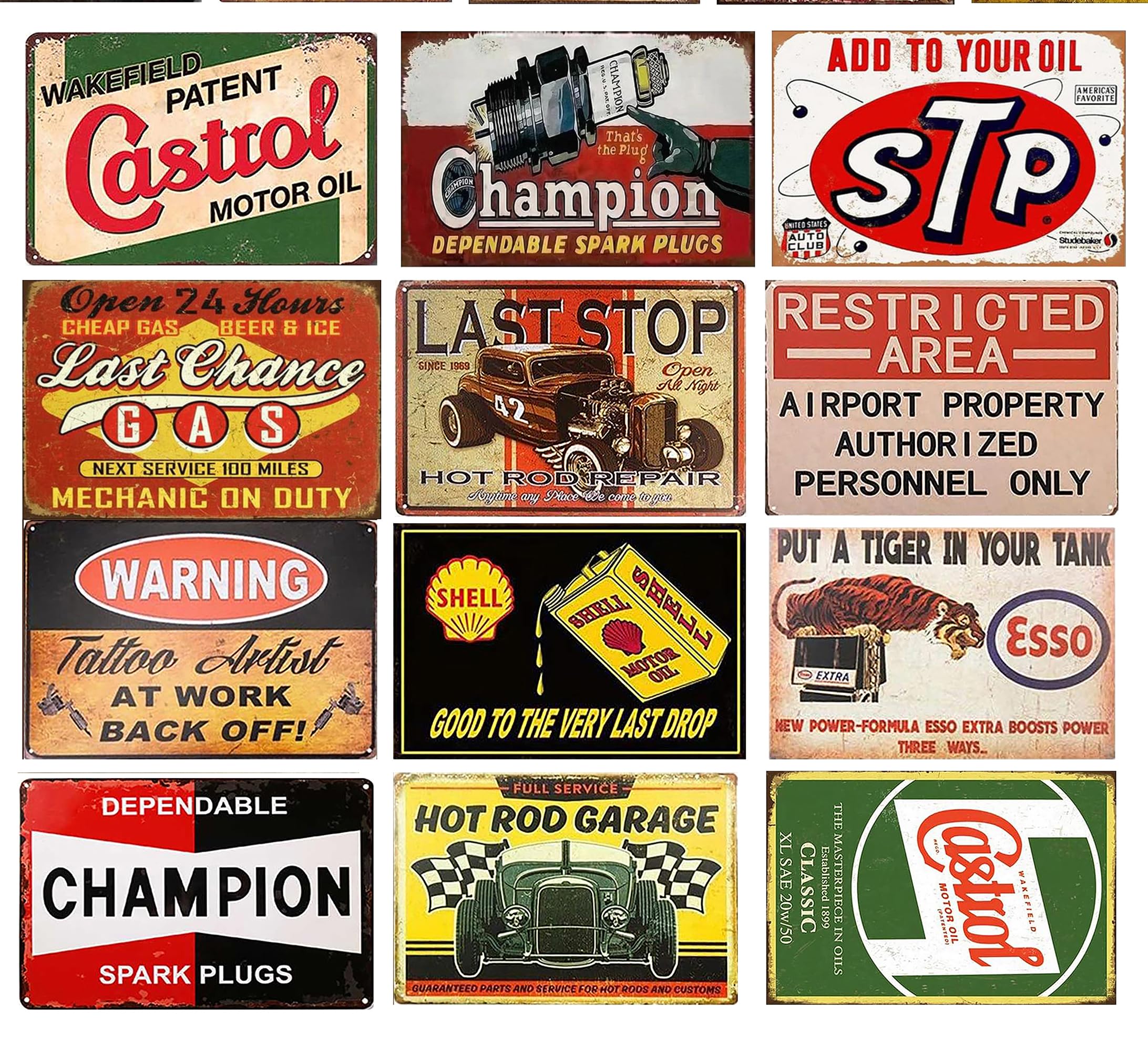 Letrero de metal retro con diseño de Casttol Motor Oil Gasoline Gas Station Garage Cartel de lata divertido para el hogar, cueva, garaje, bar, decoración de pared, letrero de metal vintage de 8 x 12