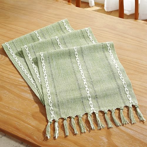 Miniatura 6 de Chassic - Camino de mesa de lino rústico con borla hecha a mano, bordado con dobladillo estilo granja, 108 pulgadas de largo para decoración de