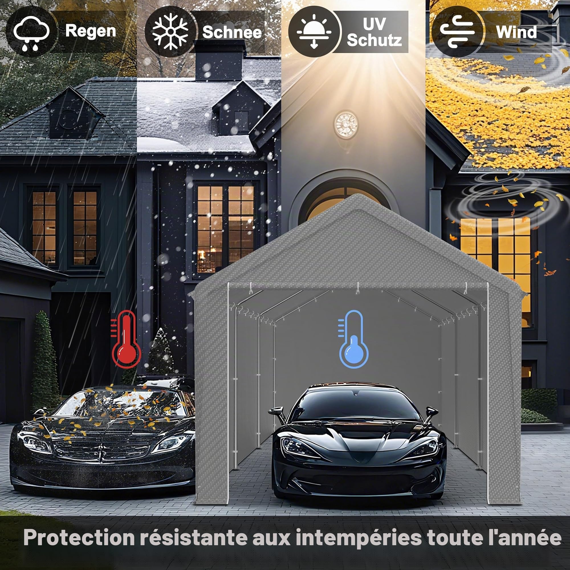 LILIIN Garage de tente 3 x 6 m résistant à l'hiver avec toit en polyéthylène (170 g/m²) pour voiture, SUV et camion, résistant aux UV, tente de stockage et tente