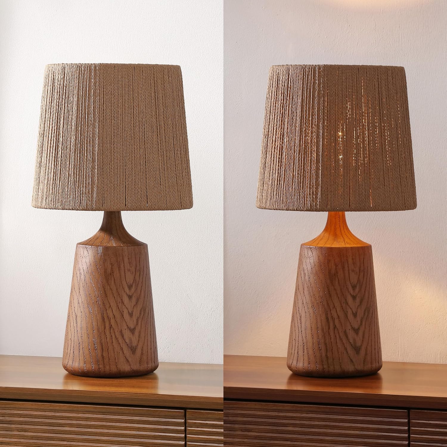 JONATHAN Y 22.25" Brown Wood Finish Classic Cottage Table Lamp for Bedroom, Tapered Resin Body with Brown Paper Rope Shade, LED Bulb Included JYL9201A