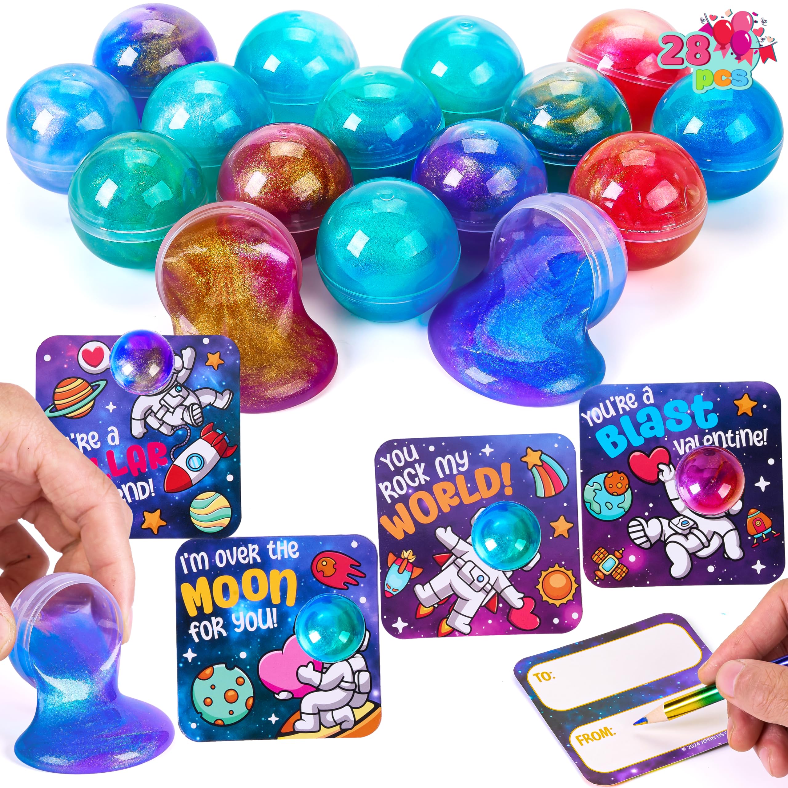 JOYIN 28 PCS Valentines Day Gift Cards with Galaxy Slime for Valentine Party Favor, Classroom Exchange Prize, Greeting Cards