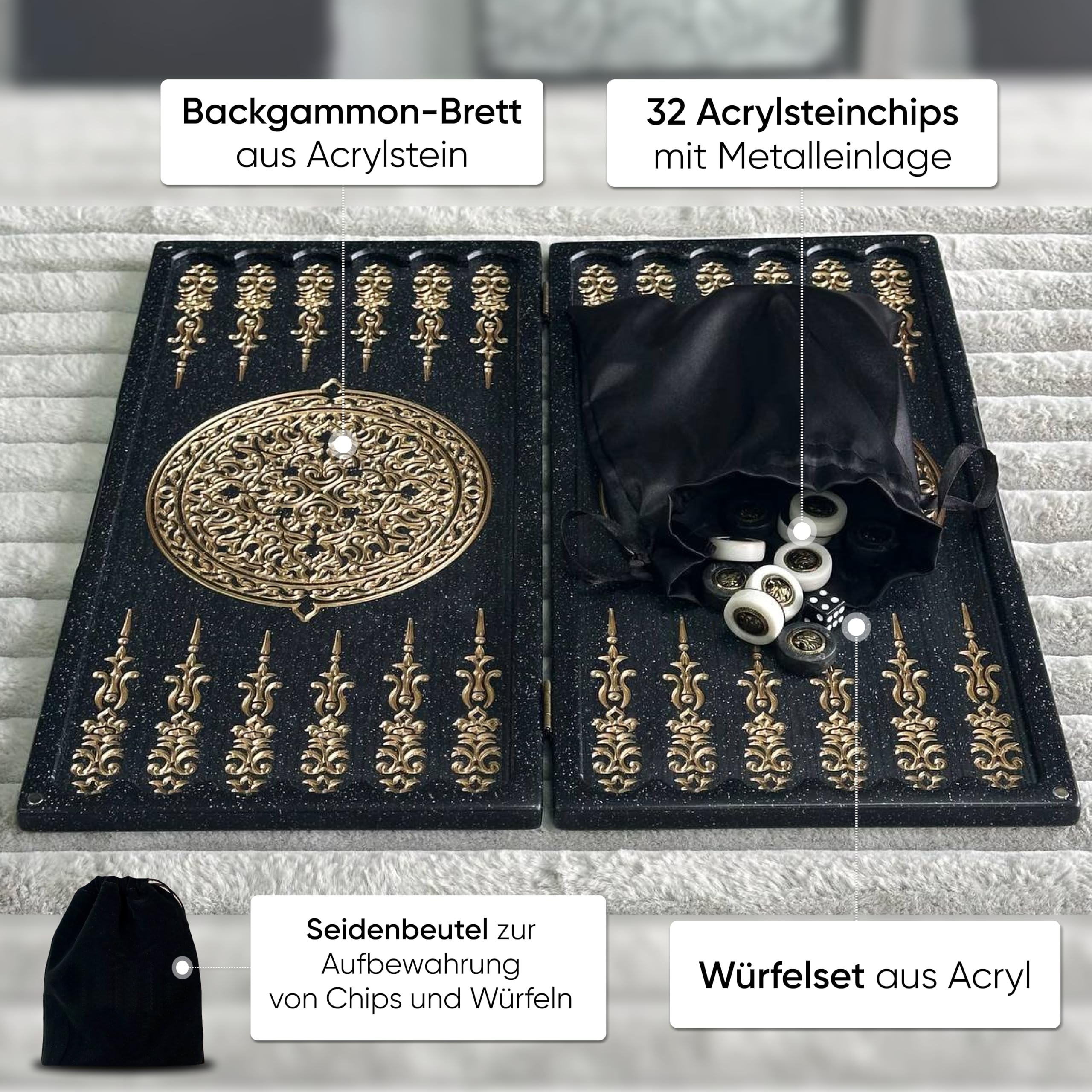 Backgammon aus schwarzem Acrylstein – Handgefertigtes Strategiespiel 37×18 cm – Geschenk mit Tasche & Spielsteinen für Männer Size: 37 cm (14,6 inch)