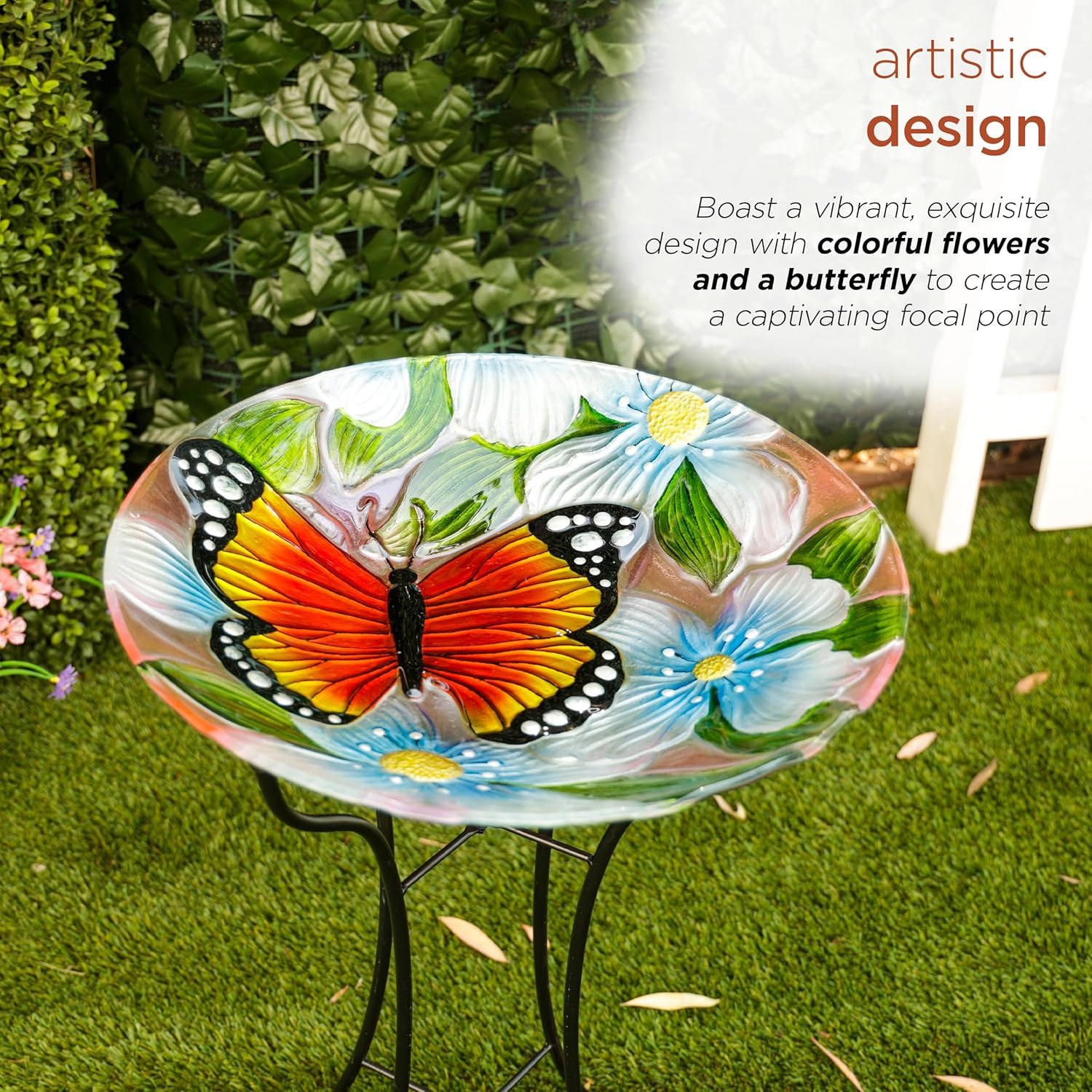 Alpine Corporation 26" Tall Outdoor Glass Floral Butterfly Birdbath with Metal Stand and Detachable 18" diam Bowl, Garden Decor, Orange