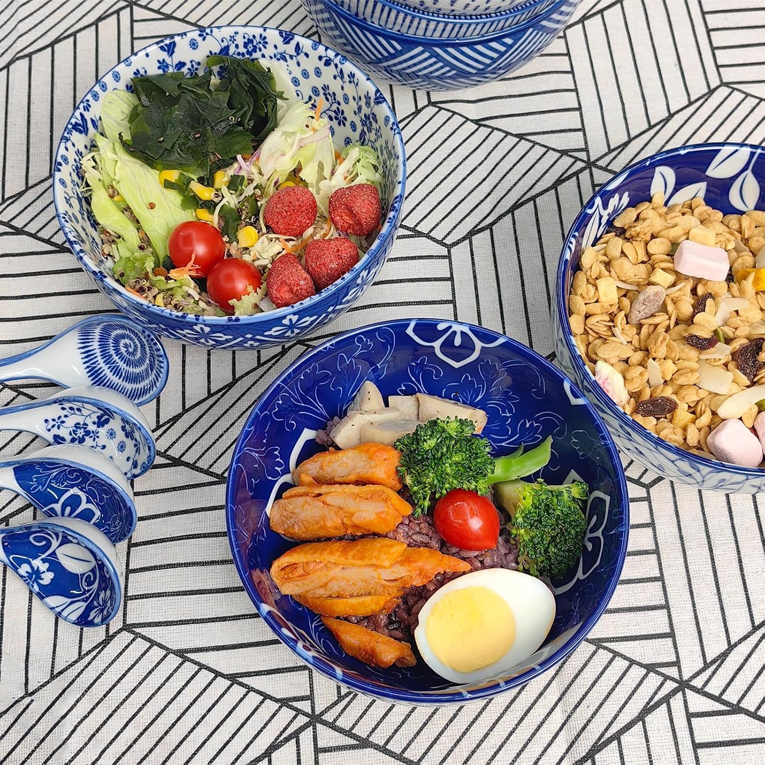 Japanese 28 Oz Ceramic Ramen Noodle Soup Cereal Pho Rice Salad Bowl Set with Chopsticks and Spoons, Premium Gift Set for House Warming, Birthday, Holiday, Microwave Safe, Dishwasher Safe