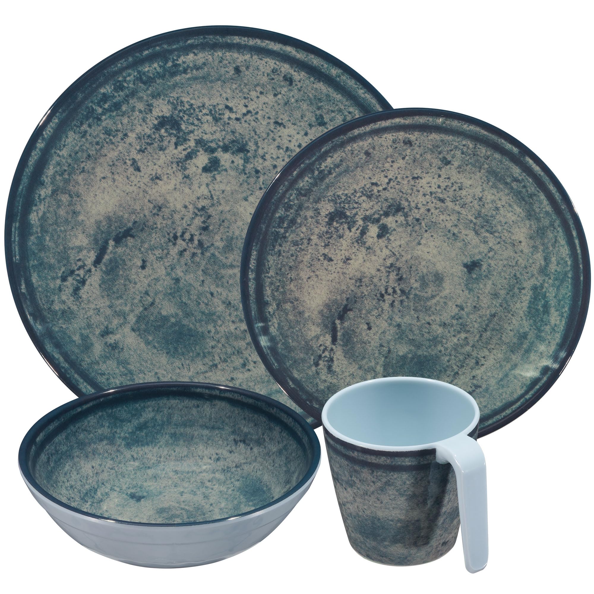 Melamin Geschirr Set Mondgranit Blau-Grau für 4 Personen Camping Picknick
