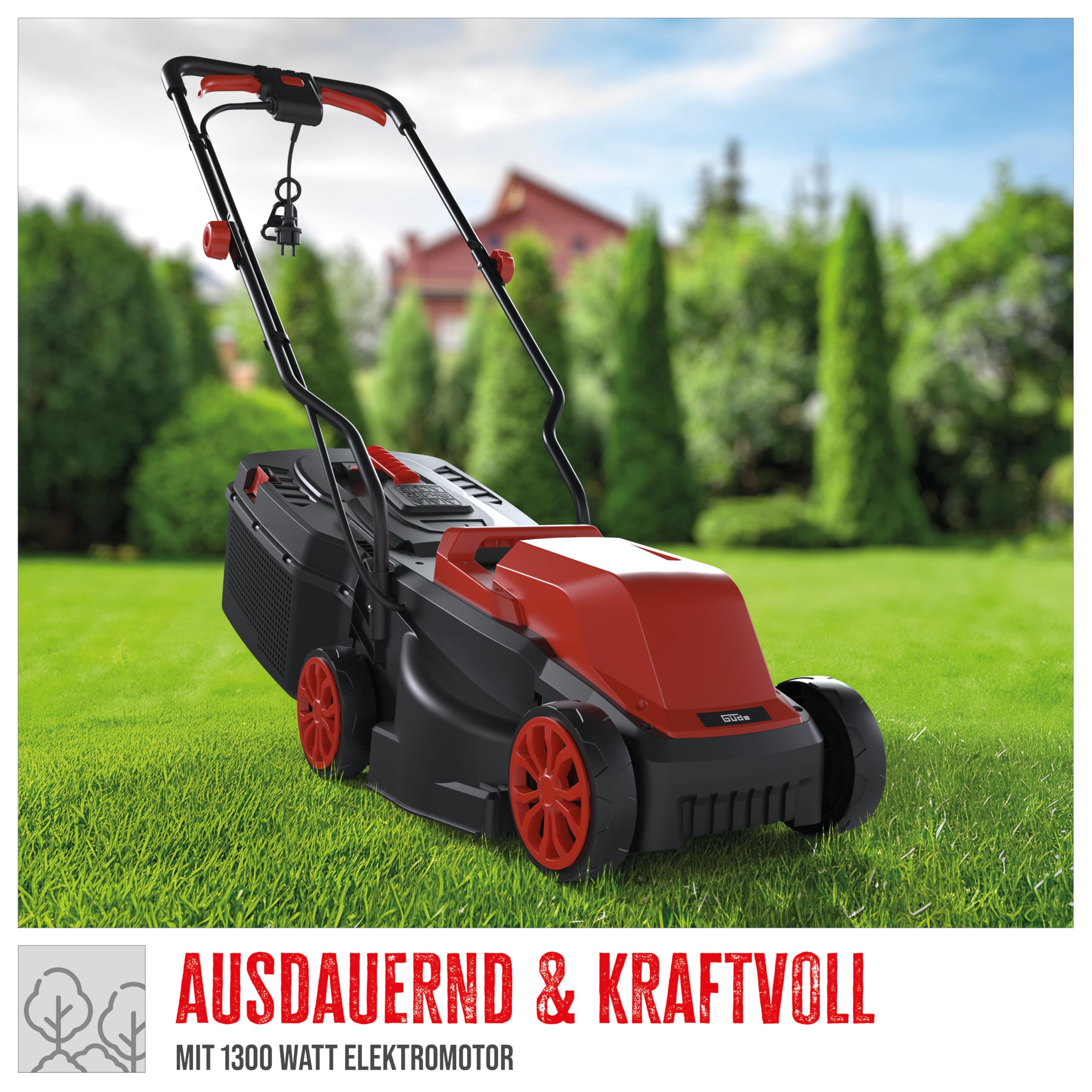 Güde Tosaerba elettrico 320/1300 (230 V, 1300 W, 3500 1 giri/min, larghezza di taglio 32 cm, cestello raccoglierba, 30 l, 3 livelli di regolazione dell'altezza di taglio 25-65 mm, dimensioni