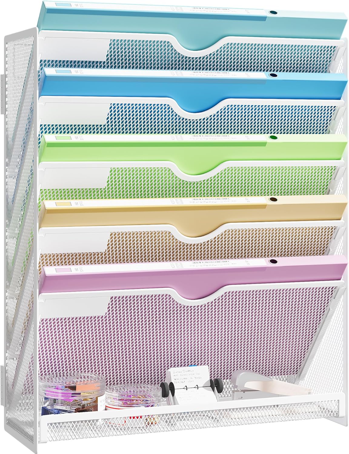 Hanging Wall File Organizer 6-Tier Wall Mount Mail Organizer & Desk Paper Organizer, Sleek White Metal File Folder Holder for Office, Cubicle, Bedroom | All-in-One Document Storage Shelf