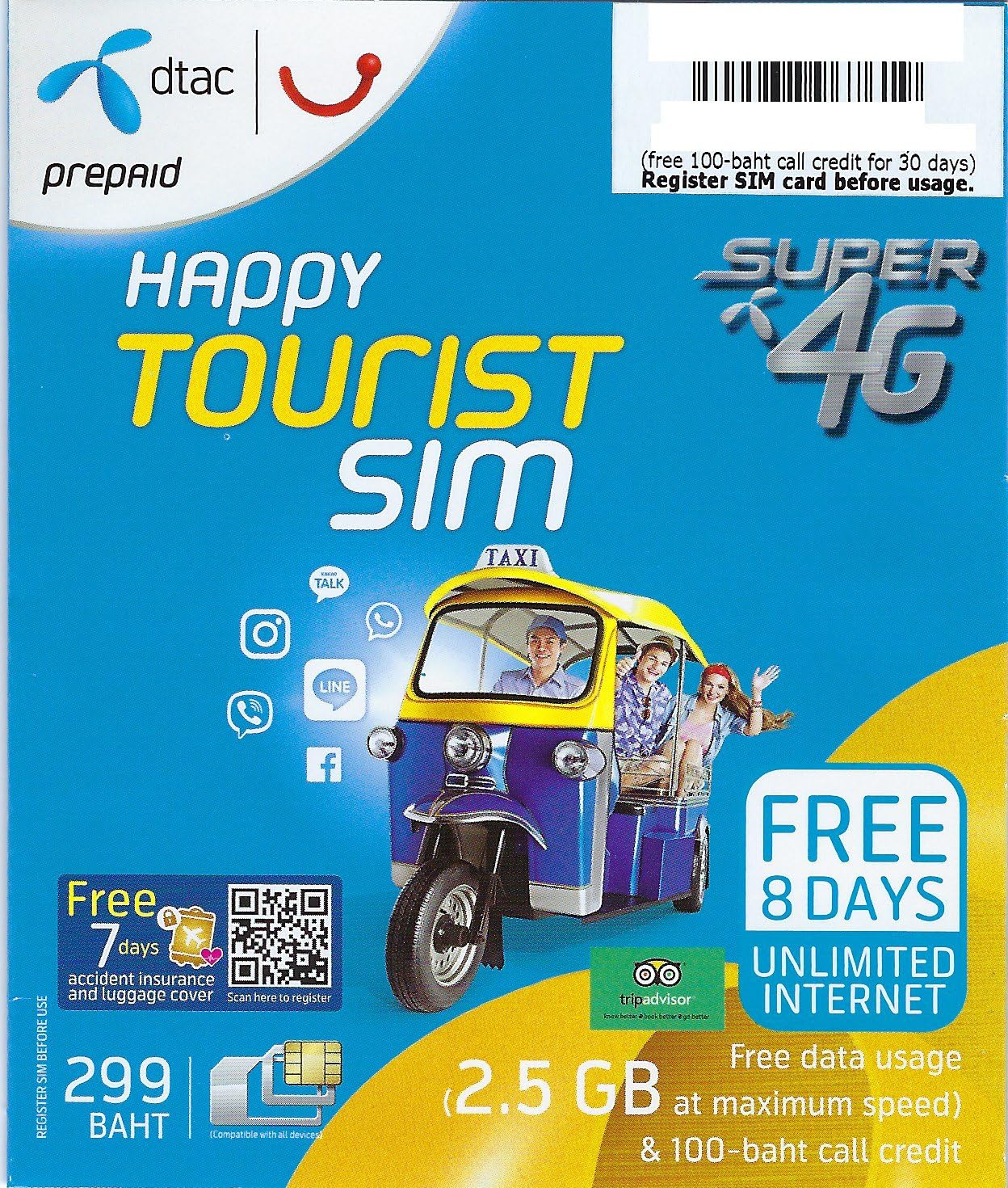 Prepaid Sim card Thailand DTAC Happy Tourist - Calls & Texts - 2.5GB Data in 4G - 8 Days