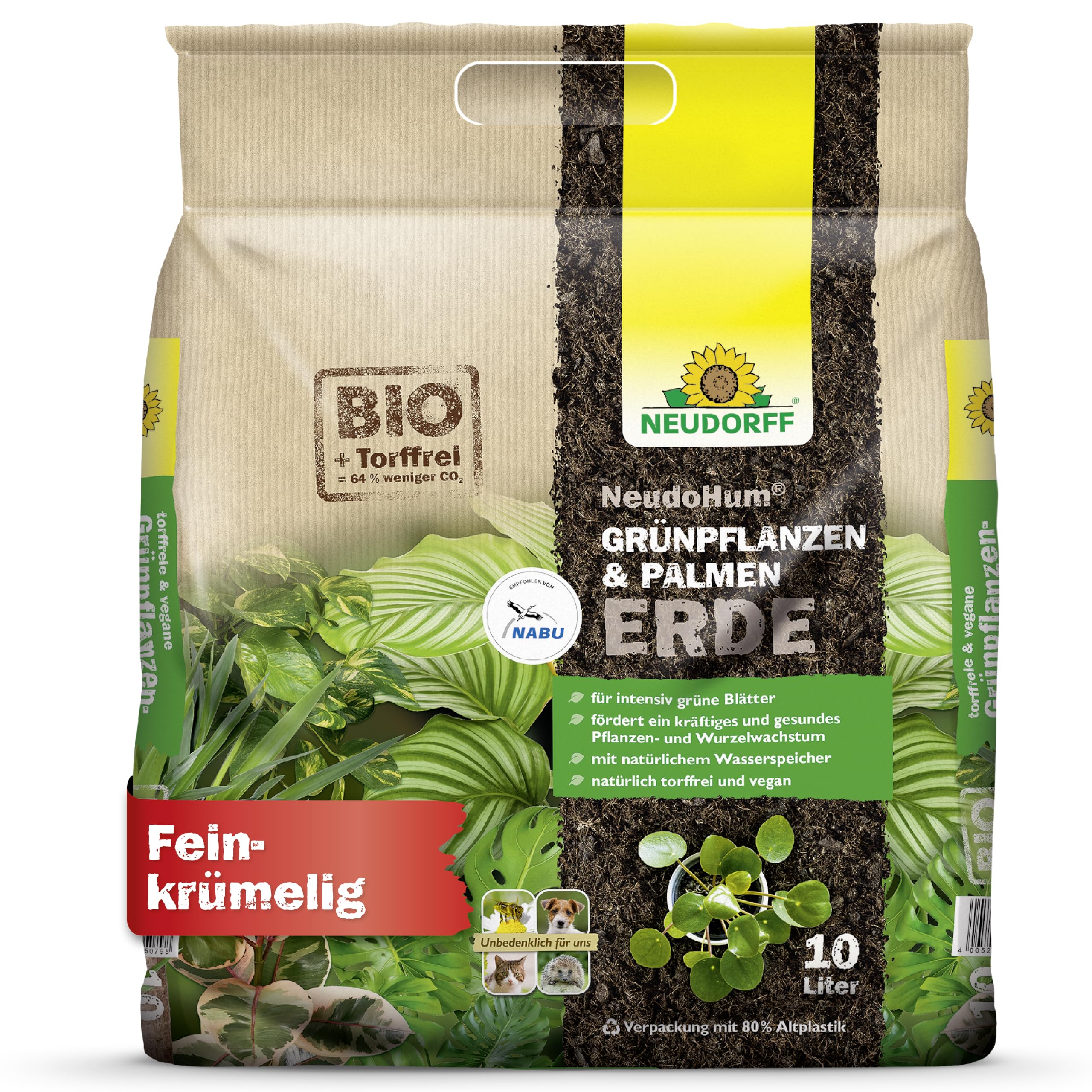 Neudorff NeudoHum Grünpflanzen- & PalmenErde – Torffreie Bio Erde, 10 Liter