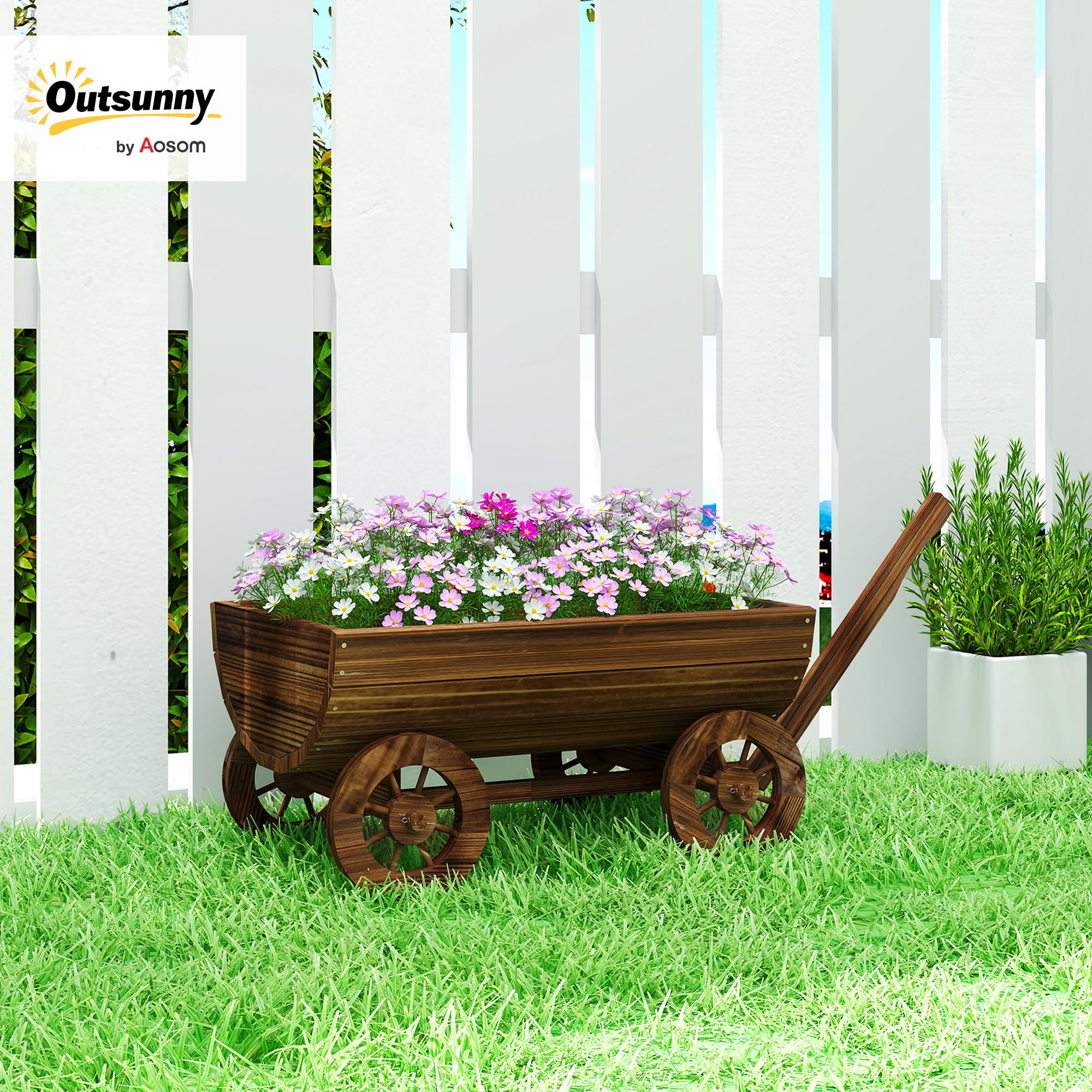 Outsunny Carrito de Madera Decorativa con 4 Ruedas y Mango 115x40x54,5 cm | Jardinera Exterior Móvil con Orificio de Drenaje, Macetero Exterior para Cultivos, Plantas, Jardín, Terraza, Carbonizado