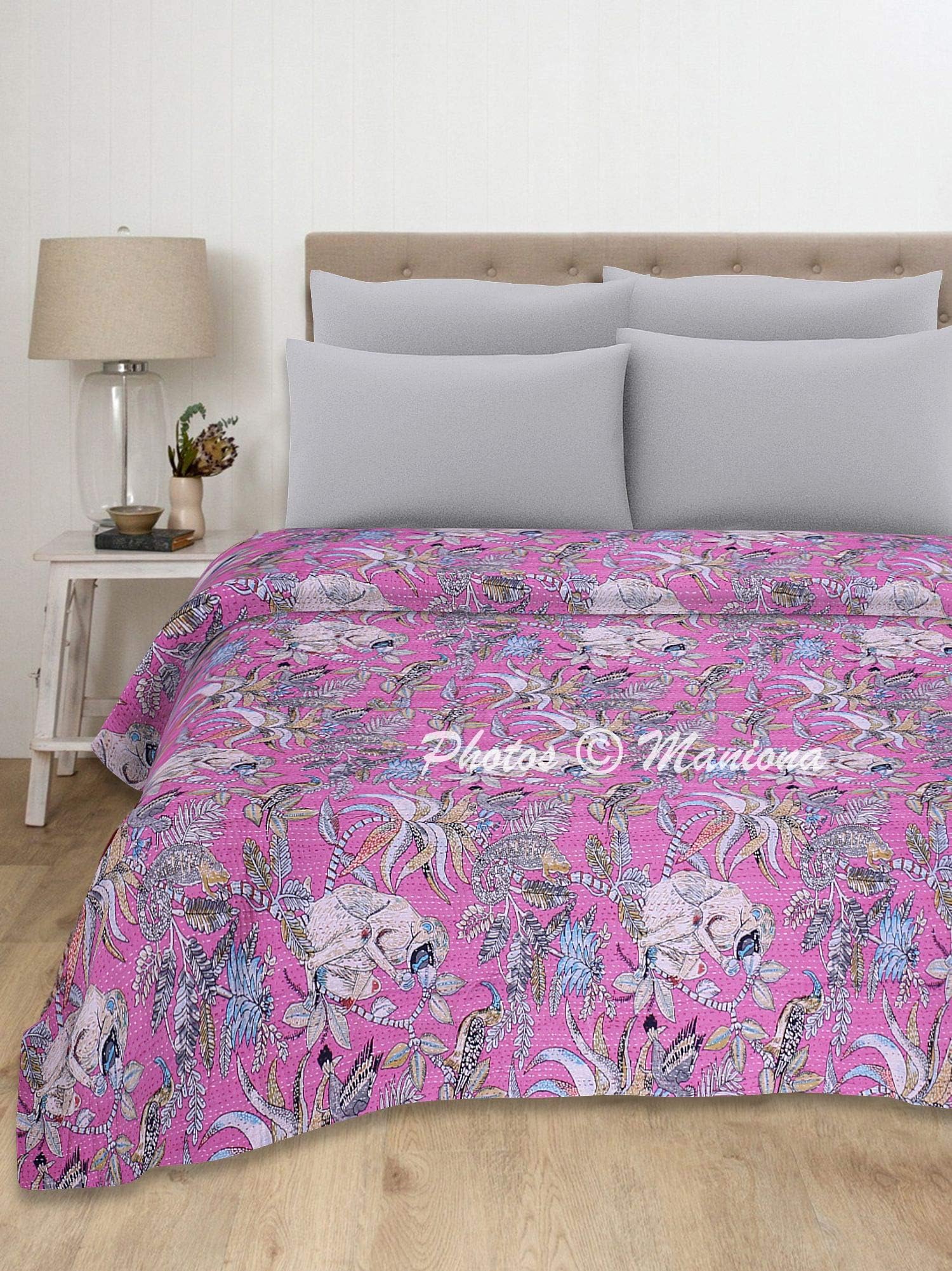 Pink Cotton Animal Print Kantha Blanket Queen 90X108 inches Kantha Quilt