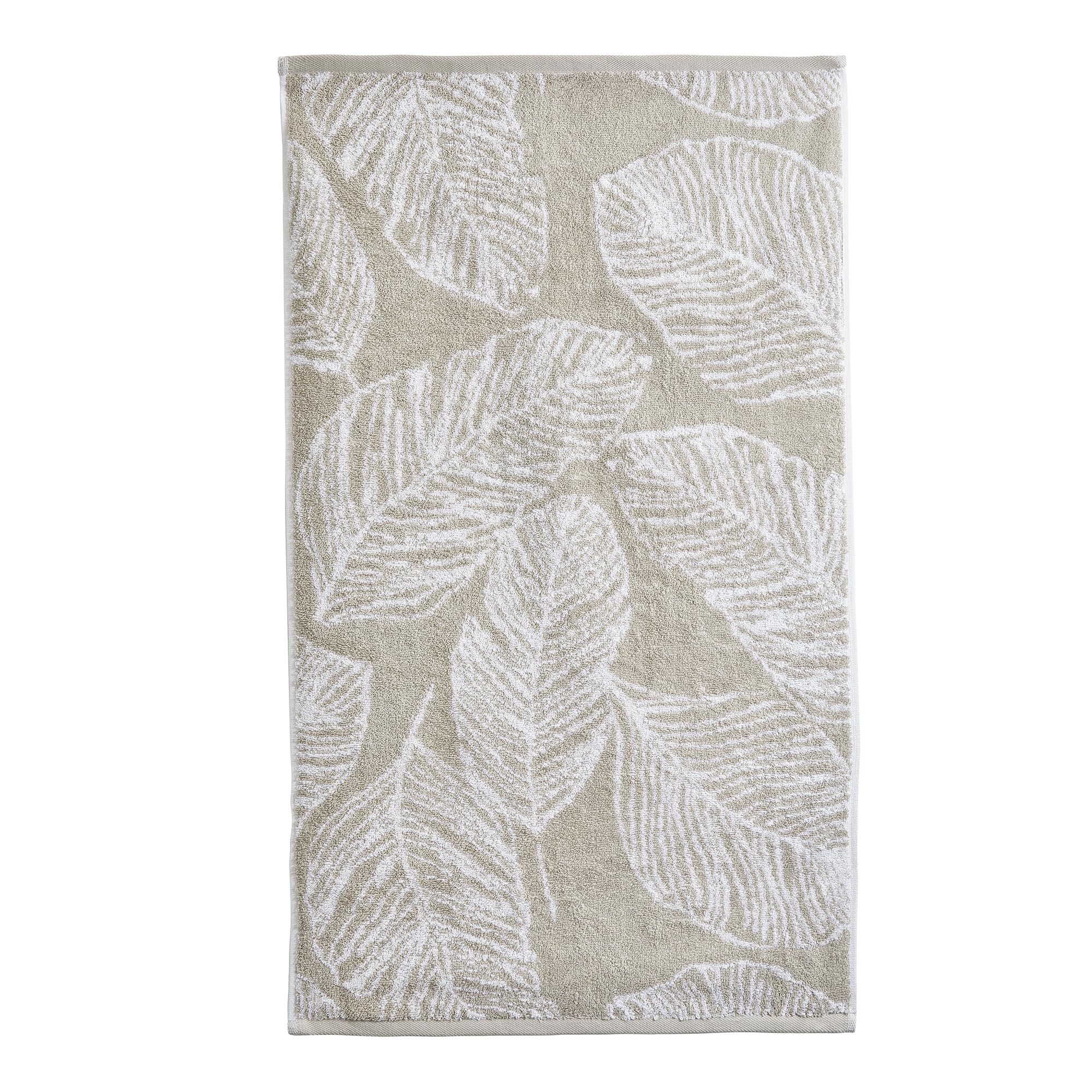 Matteo Natural Leaf Hand Towel 50 x 90cm – 100% Cotton – Super Soft Palm Print – Linen & White Small Towel for Bathroom or Hair – Tropical Patterned Towel – Natural Accessory