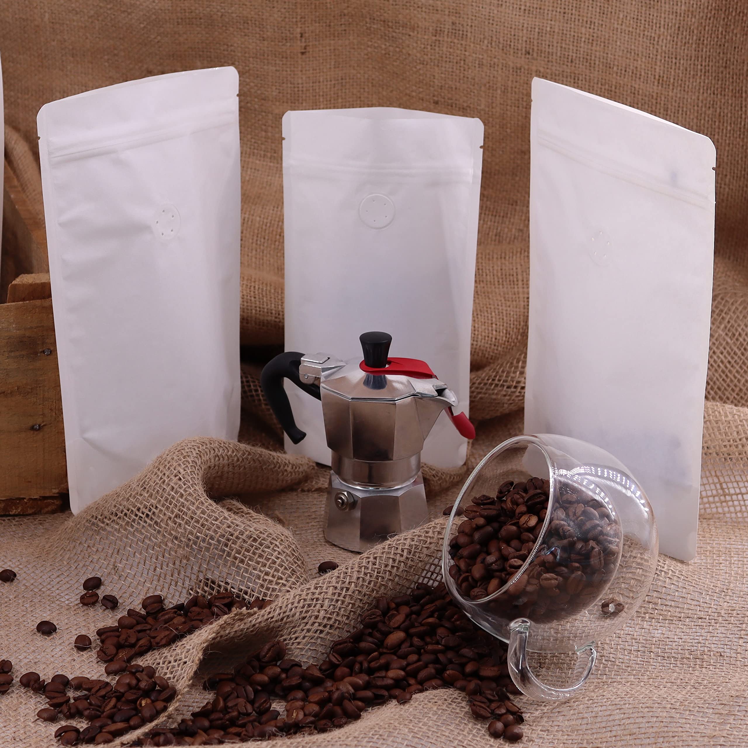 Lacers Standbodenbeutel Kraftpapier in versch. Farben, High Barrier mit Ventil, Kaffeebeutel mit Aromaschutzventil, wiederverwendbar