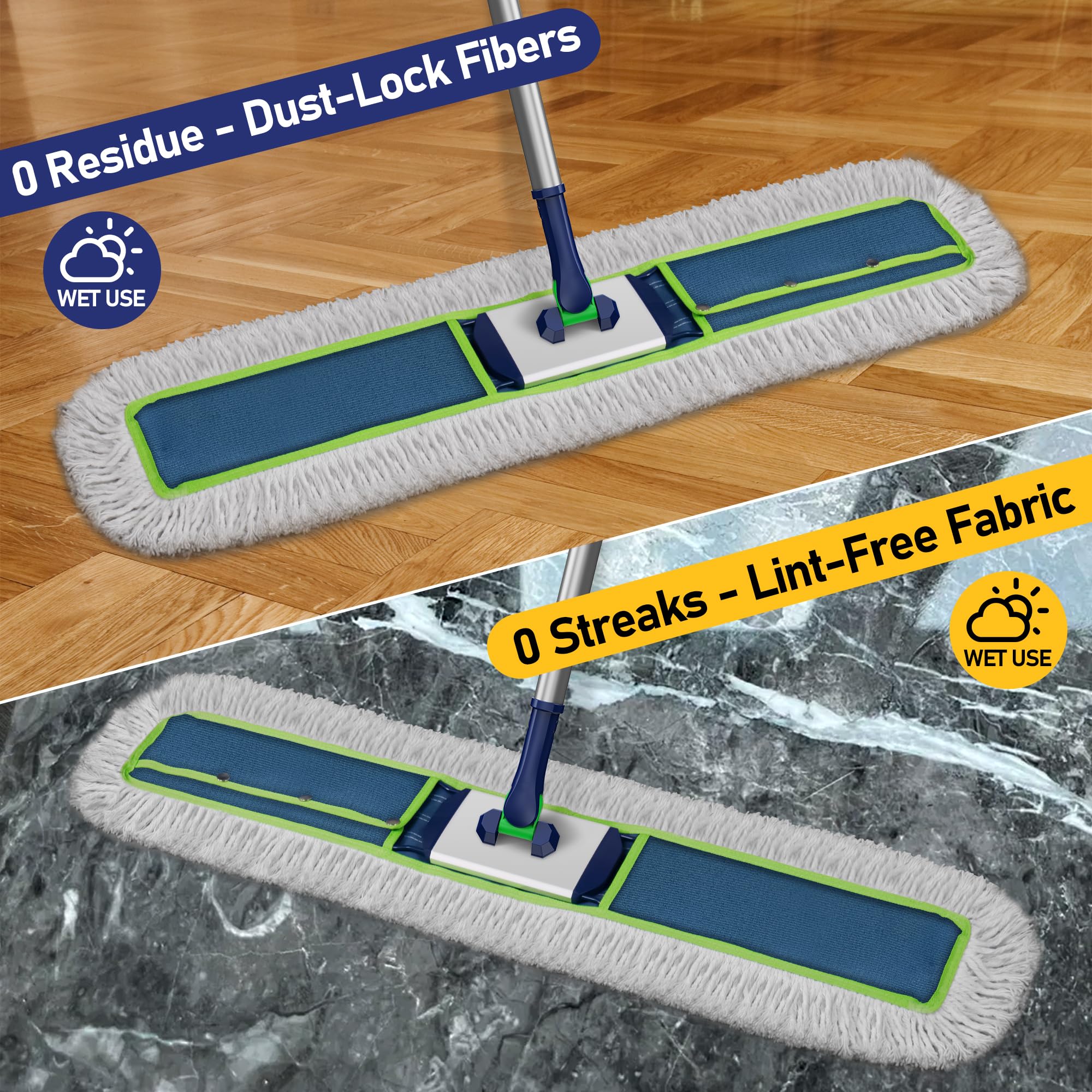 Grande mocio industriale piatto: 104 cm di larghezza resistente per pavimenti in legno duro – spolverino per pavimenti asciutti con 2 tamponi, manico lungo 150 cm, per la pulizia di garage