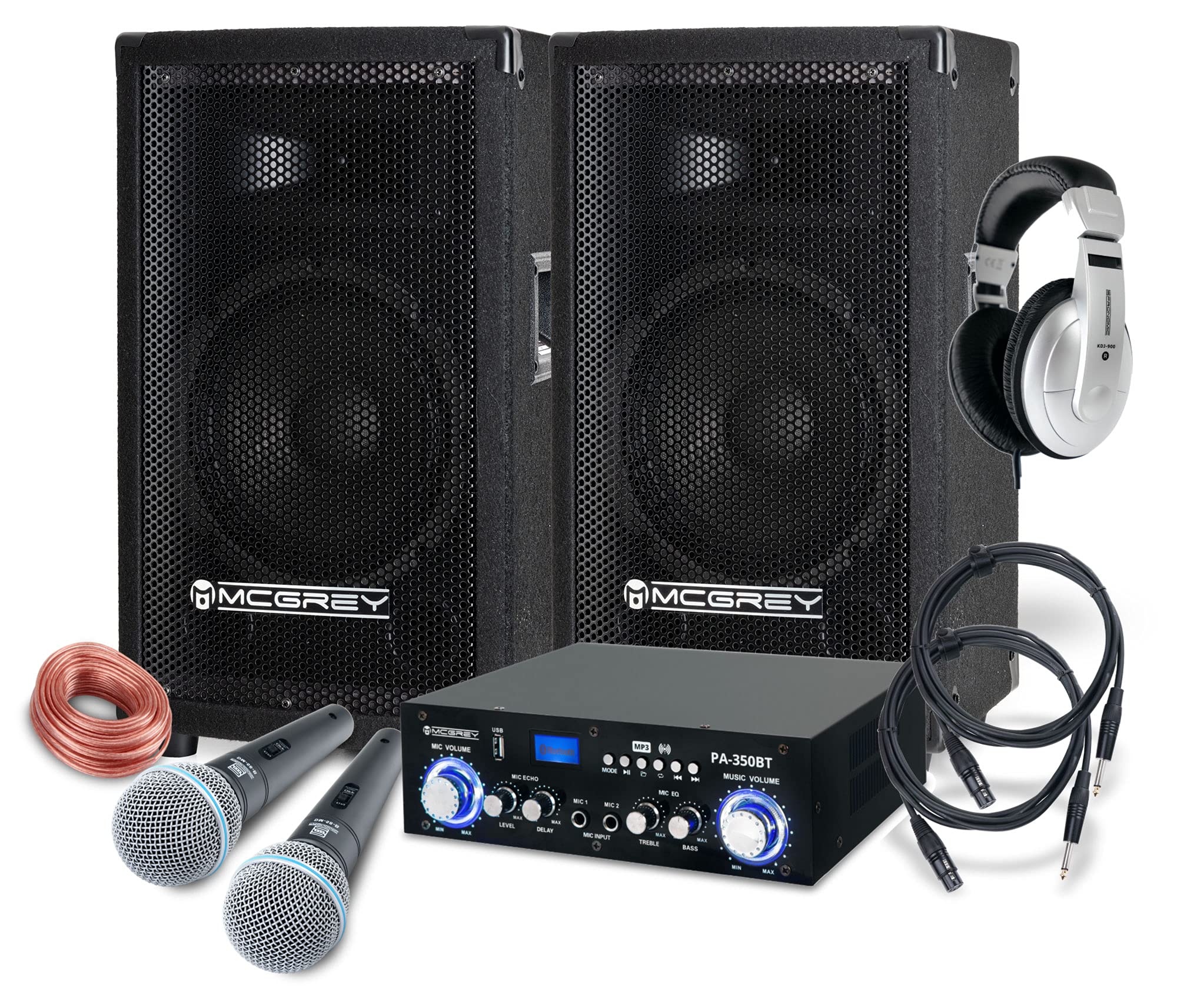 McGrey DJ Karaoke Komplettset PA Anlage Party-1000 (Lautsprecher, 2 x 300 Watt, Bluetooth-Endstufe, Verstärker, Lautsprecherkabel, Kopfhörer, Mikrofon, Klemme, Reduziergewinde, Etui, Mikrofonkabel)
