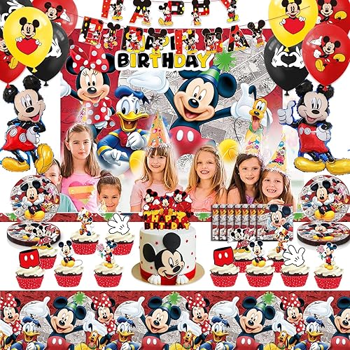 Miniatura 7 de 186 piezas de suministros de fiesta de cumpleaños de ratones catoon para 20 invitados, incluye decoraciones de pasteles, telón de fondo, pancarta,