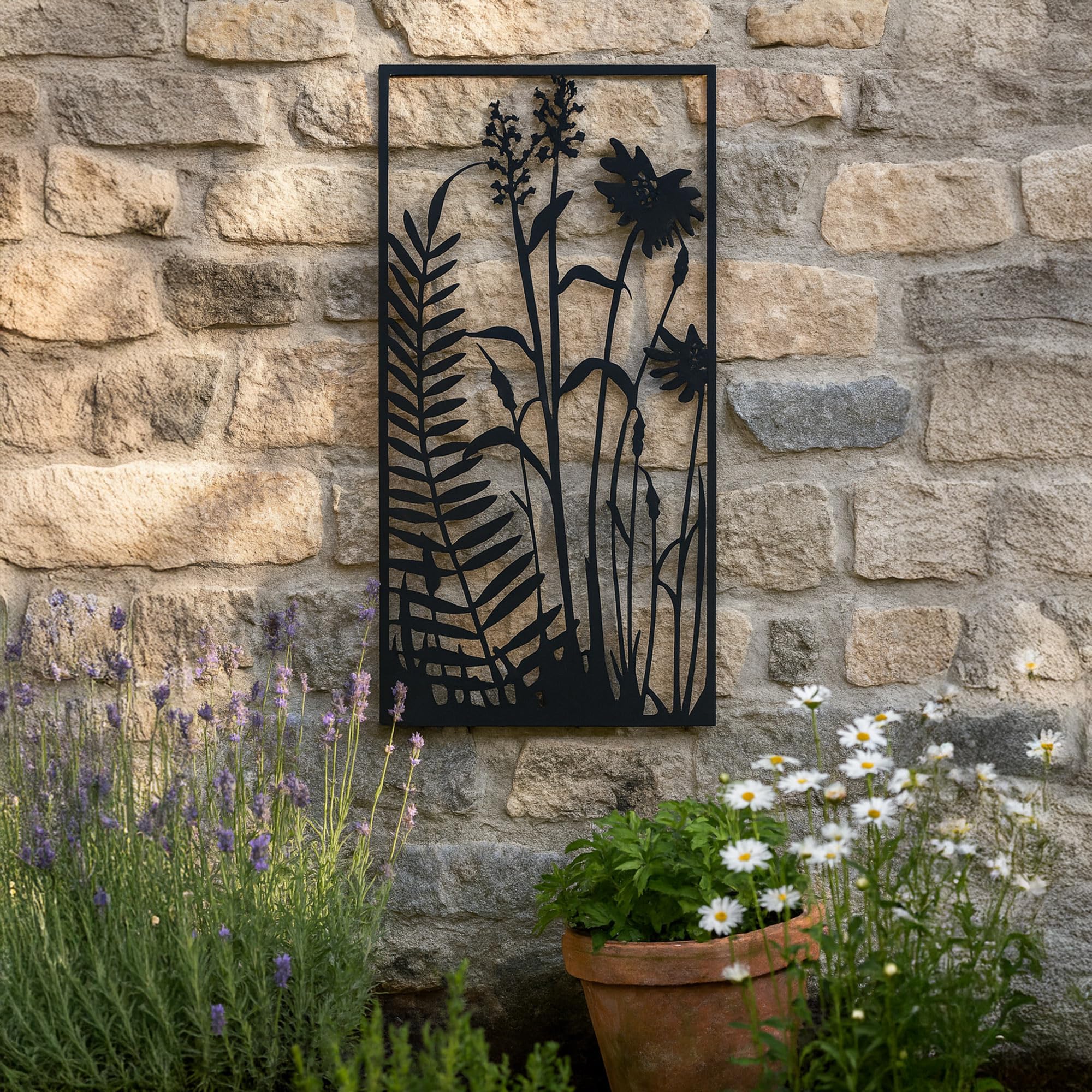 UNUS Tableau en métal fougère et fleurs, 120 x 60 cm, décoration murale pour intérieur et extérieur, avec crochet de suspension, design moderne, noir