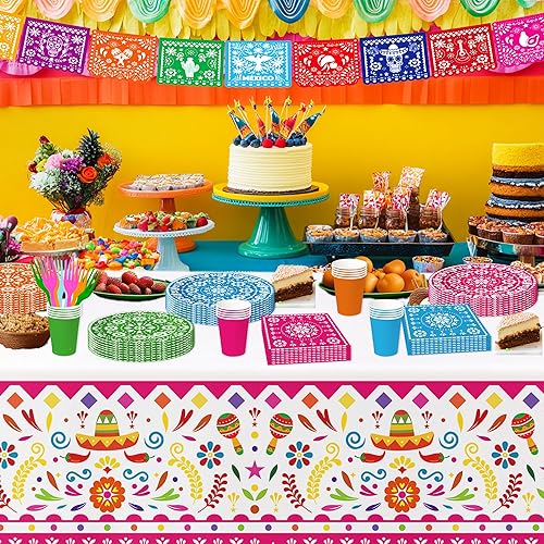 Miniatura 6 de Mantel de decoración de fiesta mexicana, suministros de fiesta del Cinco de Mayo, decoración de mesa de papel picado mexicano para taco, carnaval,