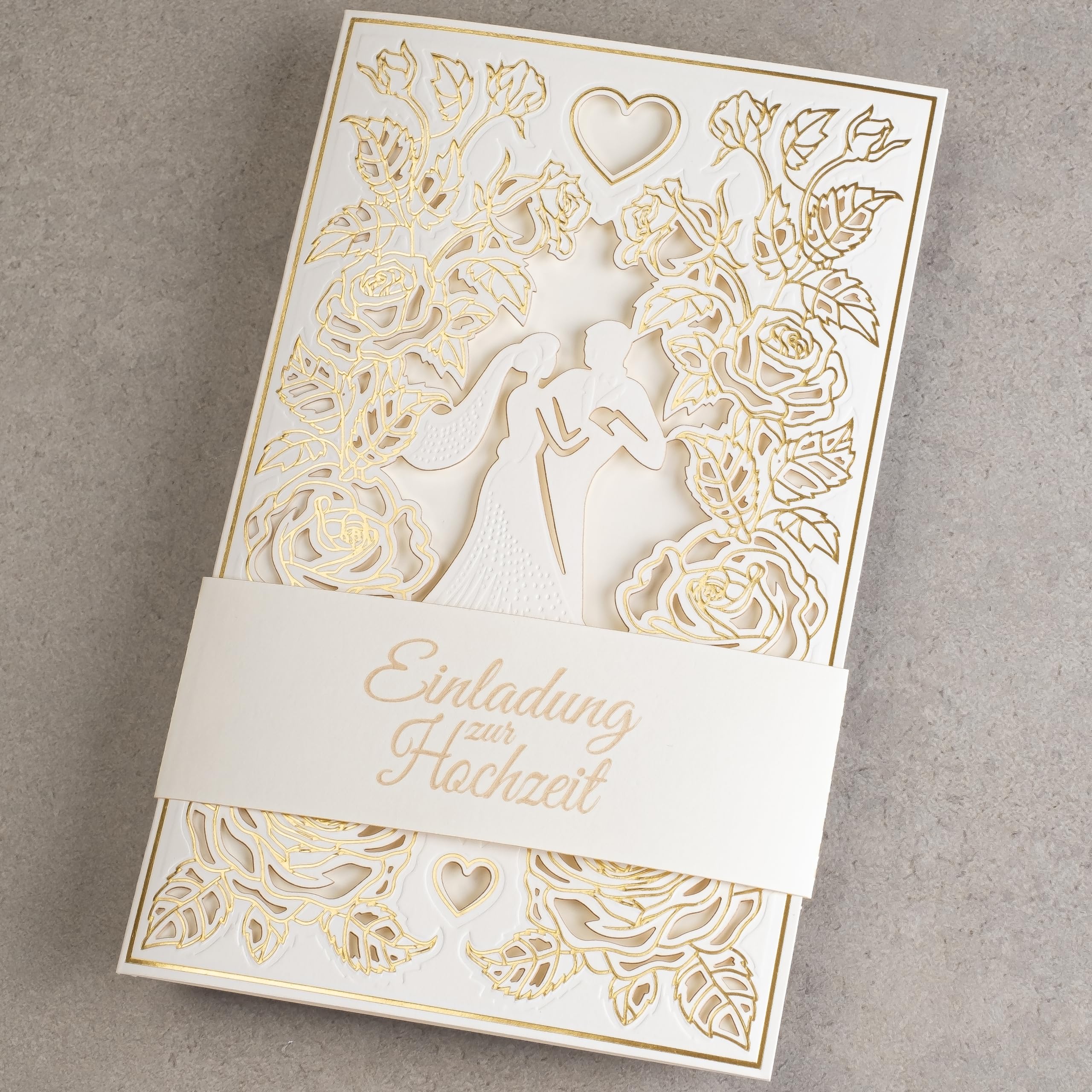 20 invitaciones de boda de 130 x 205 mm, con inserciones y sobres imprimibles para boda, corte láser, acabado con lámina dorada. Patrón prensado con inscripciones grabadas ZAP_DE_09