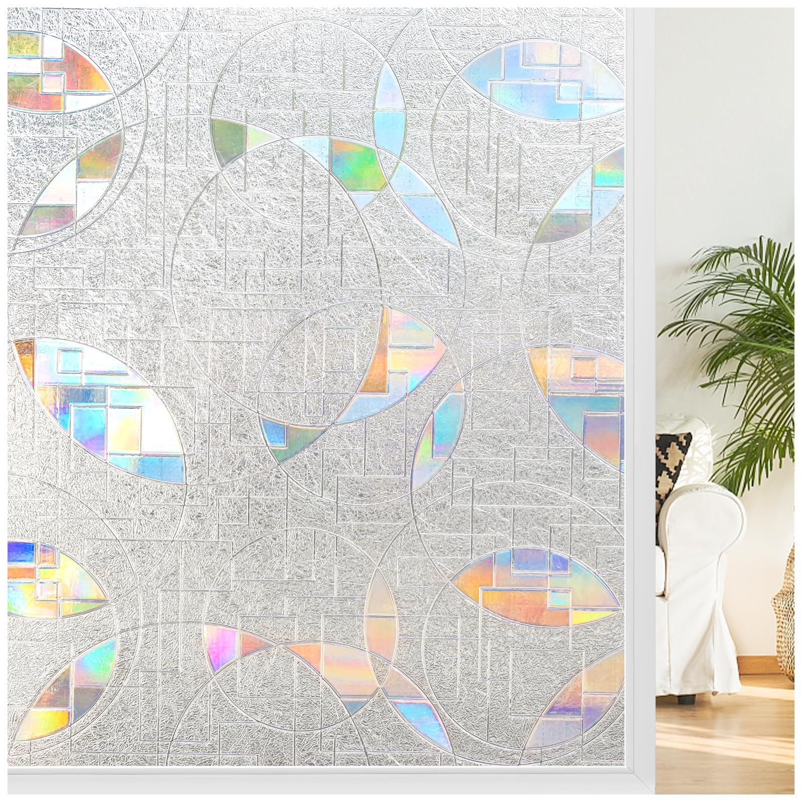 rabbitgoo Window Privacy Film, Rainbow Privacy Window Cling, Decorative Mosaic Stained Glass Window Sticker, Non Adhesive Anti-UV Prism Front Door Covering for Home, 35.4 x 78.7 inches