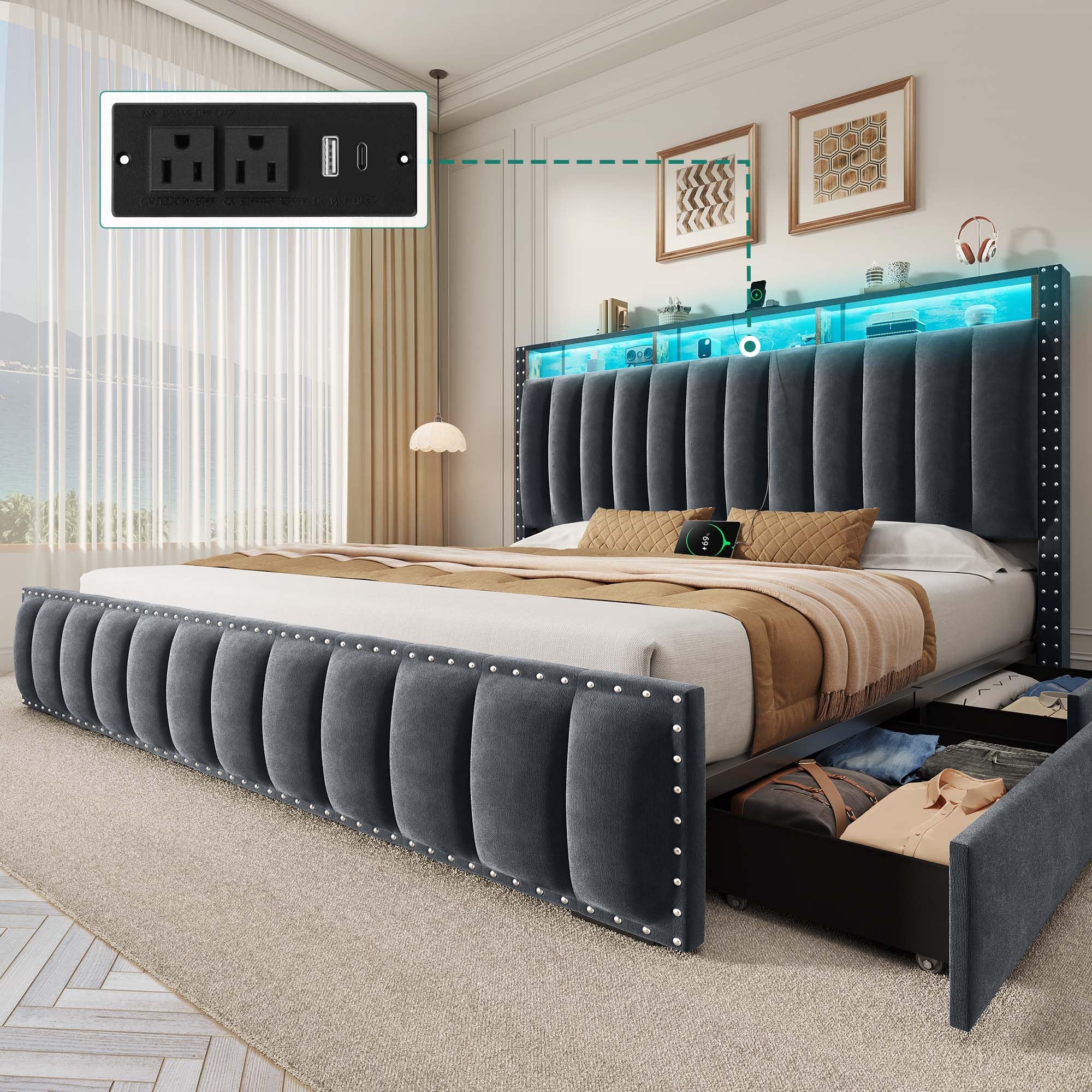 yitahome king size bed frame with 4 storage drawers and rgb led lights, velvet upholstered platform bed with charging station and bookcase storage headboard, no box spring needed, easy assembly, grey