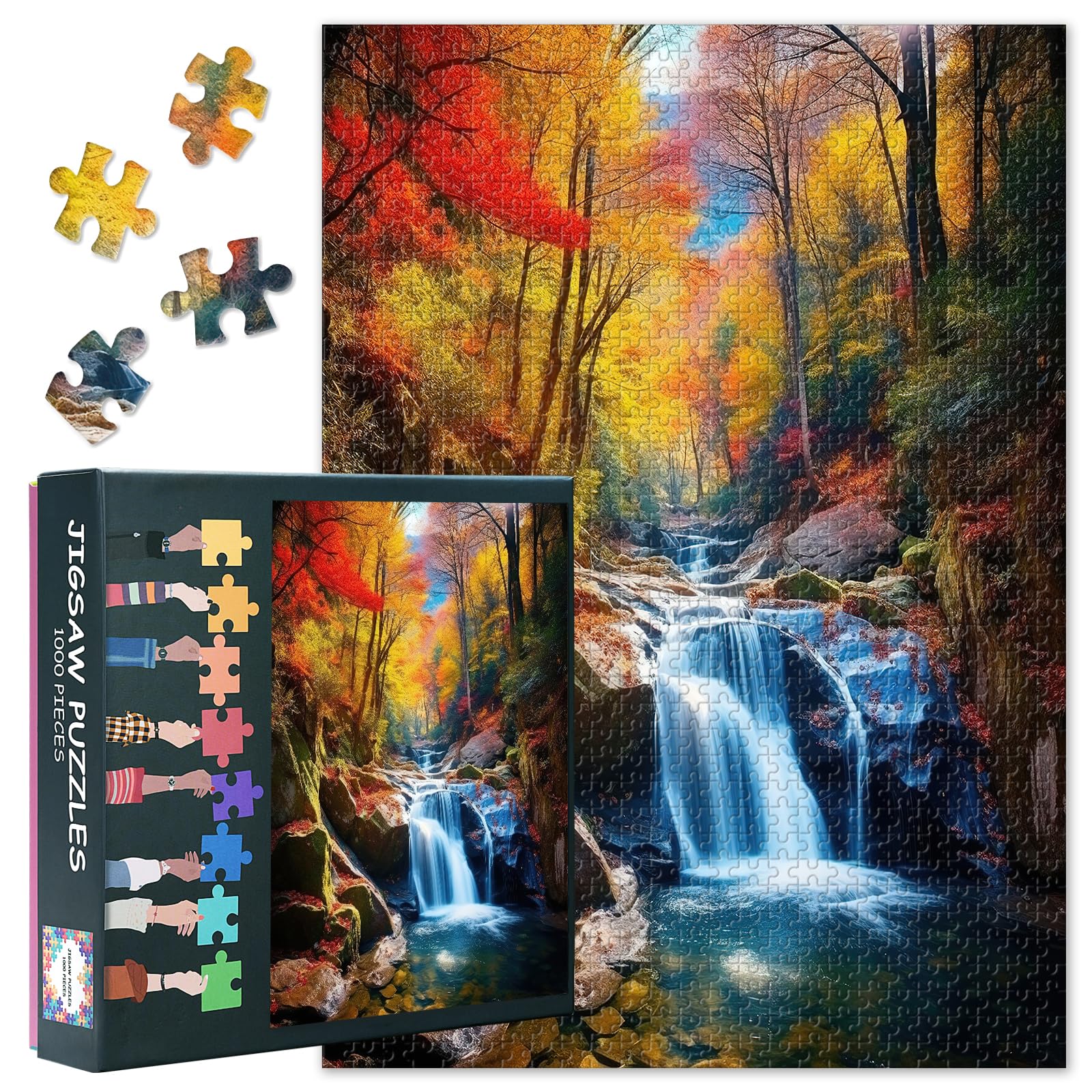 1000 Piece Jigsaw Puzzle for Adults Autumn Forest Waterfall Landscape Colorful Fall Foliage Scenic Nature Puzzle Challenging Family Board Games 27.5x19.7 Inch