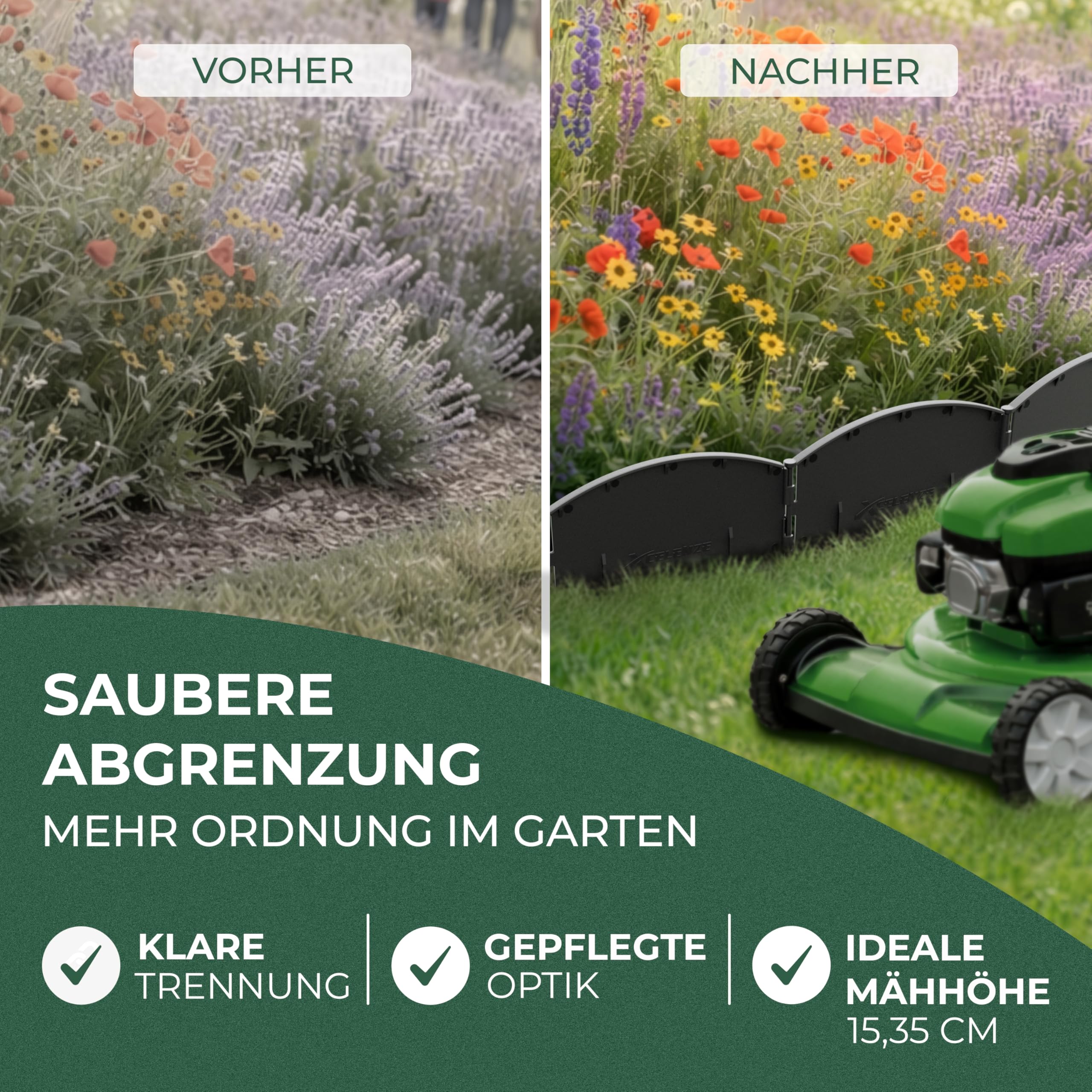Xcelenze - 20 Meter Flexible Rasenkante Kunststoff Mähkante Beetbegrenzung | zum einschlagen | UV & witterungsbeständig | Beeteinfassung Kunststoff Rasenkantenband – einfaches Verlegen