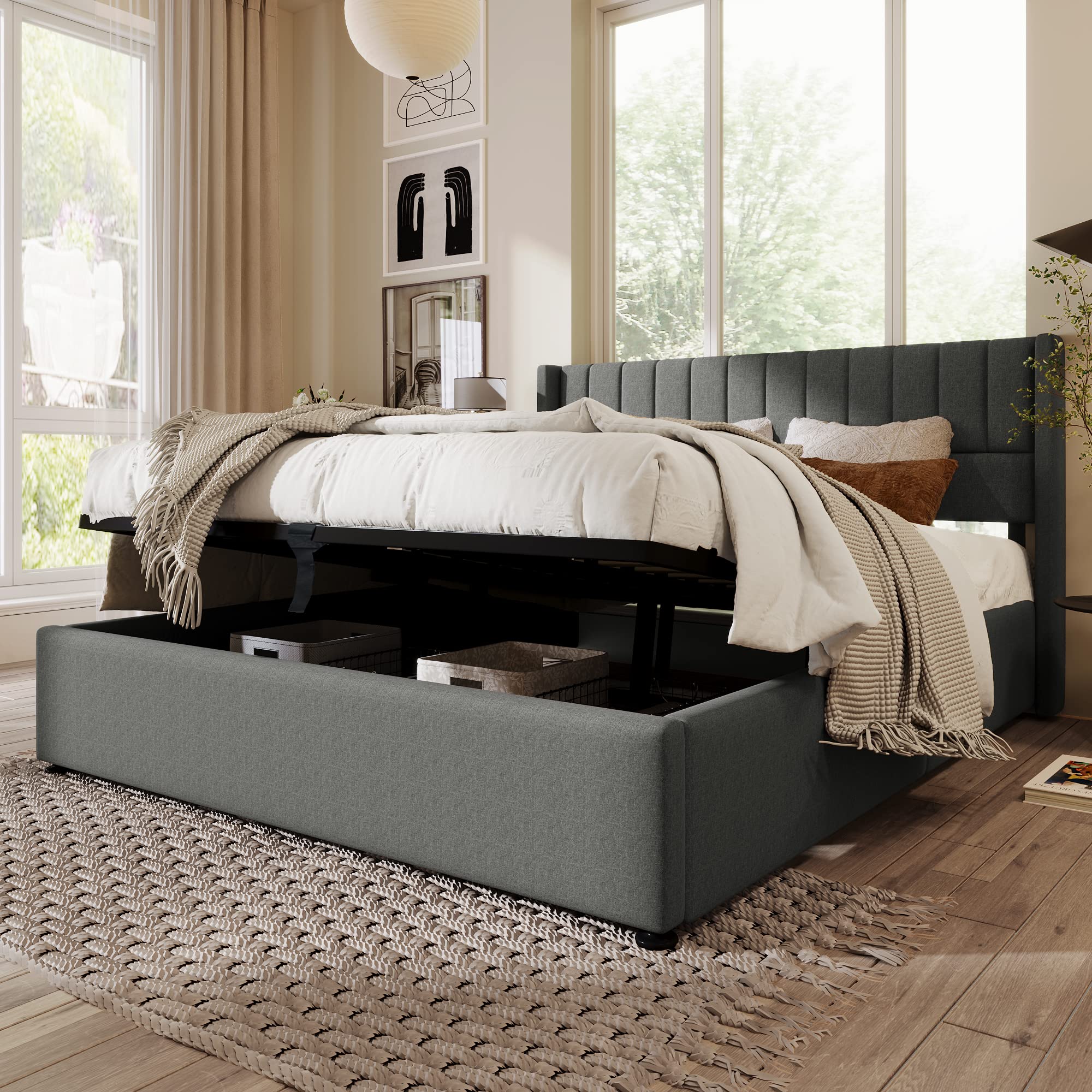 Gestoffeerd Opbergbed 140x200 Cm Fluweel Grijs - Hydraulisch Tweepersoonsbed Met Hoofdbord