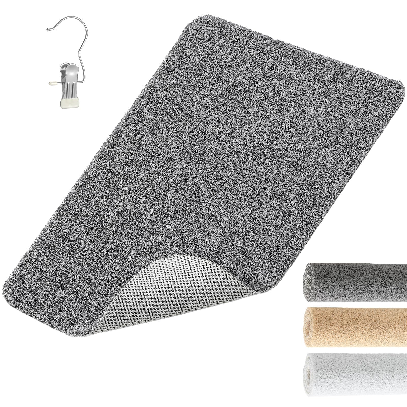 XIYUNTE Soft Shower Mat Non Slip Anti Mould 76 x 43 cm, INCL. Hooks for Drying, PVC Bath Mat Non Slip Anti Mould, Loofah Shower Mats for Inside Shower, BPA-Free for Children and Elderly, Grey