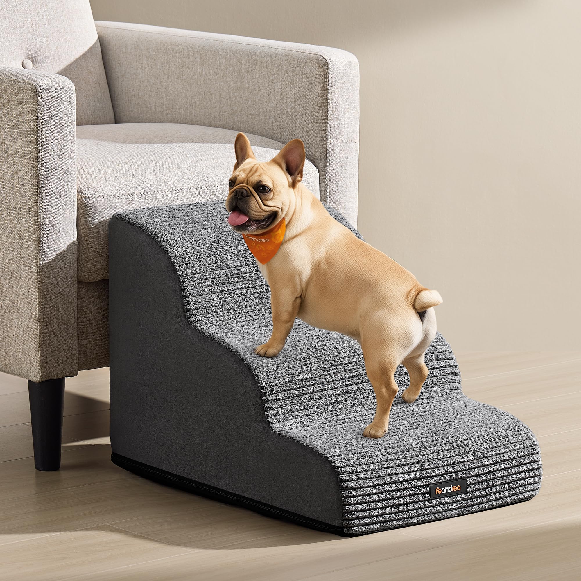 Feandrea Scala a 3 Gradini per Cani, Velluto a Coste, Pendenza per Letto, Divano, Scaletta per Animali Impermeabile e Antiscivolo, Copertura Sfoderabile e Lavabile, Grigio Ardesia PPS003GN01