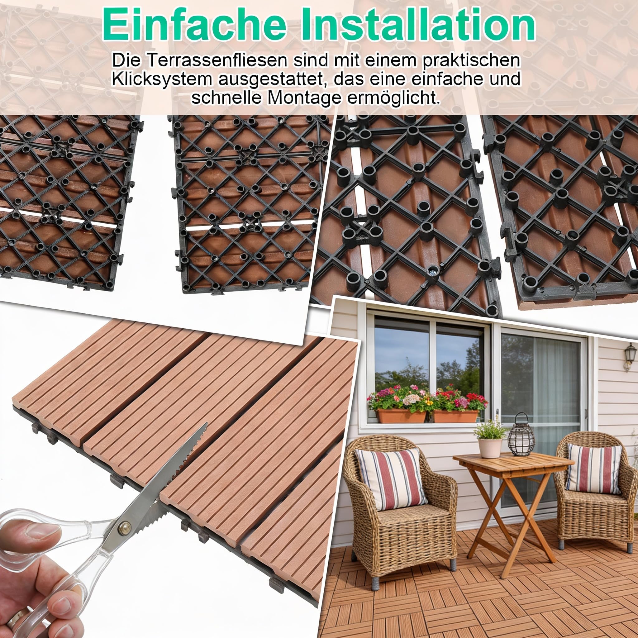 WPC Fliesen 30x30 cm, 66 Stück Balkonfliesen für 6m²,WPC Terrassenfliesen mit Klick-System,Balkon Bodenbelag Wetterfest,Wasserdicht,Terassenplatten Außenbereich Braun