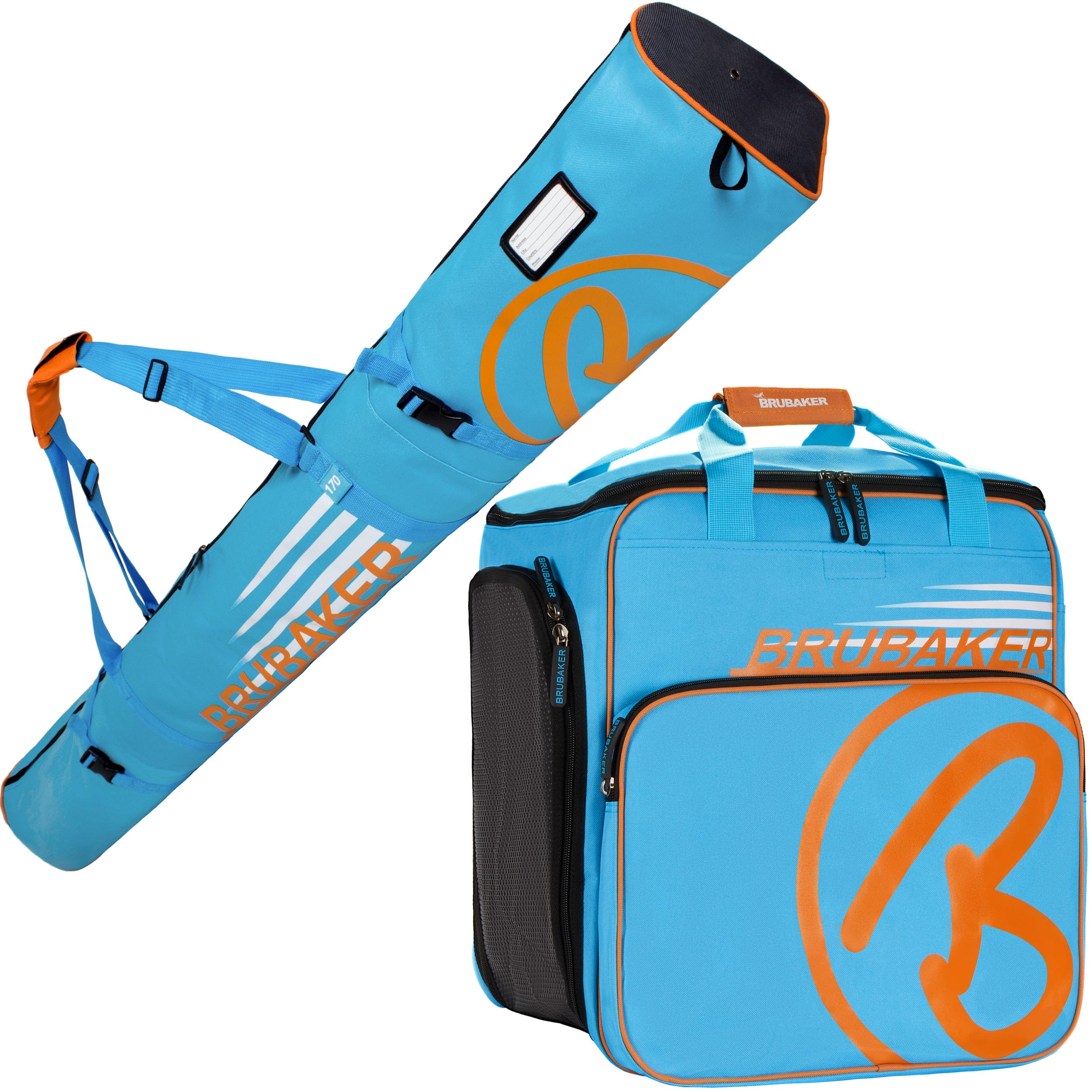 BRUBAKER Set de Ski ‘Champion’ - Série limitée - Housse à Skis et Sac à Chaussures de Ski pour 1 Paire de Skis + Bâtons + Chaussures + Casque - 170 cm - Bleu Orange