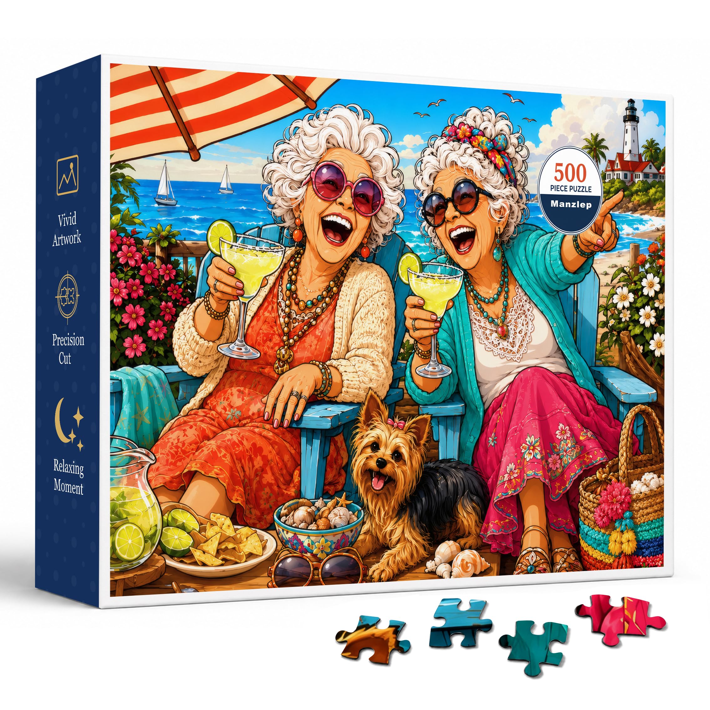 Beach Vacation 500 Piece Jigsaw Puzzle for Adults, Colorful Coastal Scene with Laughing Senior Friends, Tropical Drinks, Lighthouse, Sailboats, Flowers, Umbrella, and Sunny Seaside Charm Artwork
