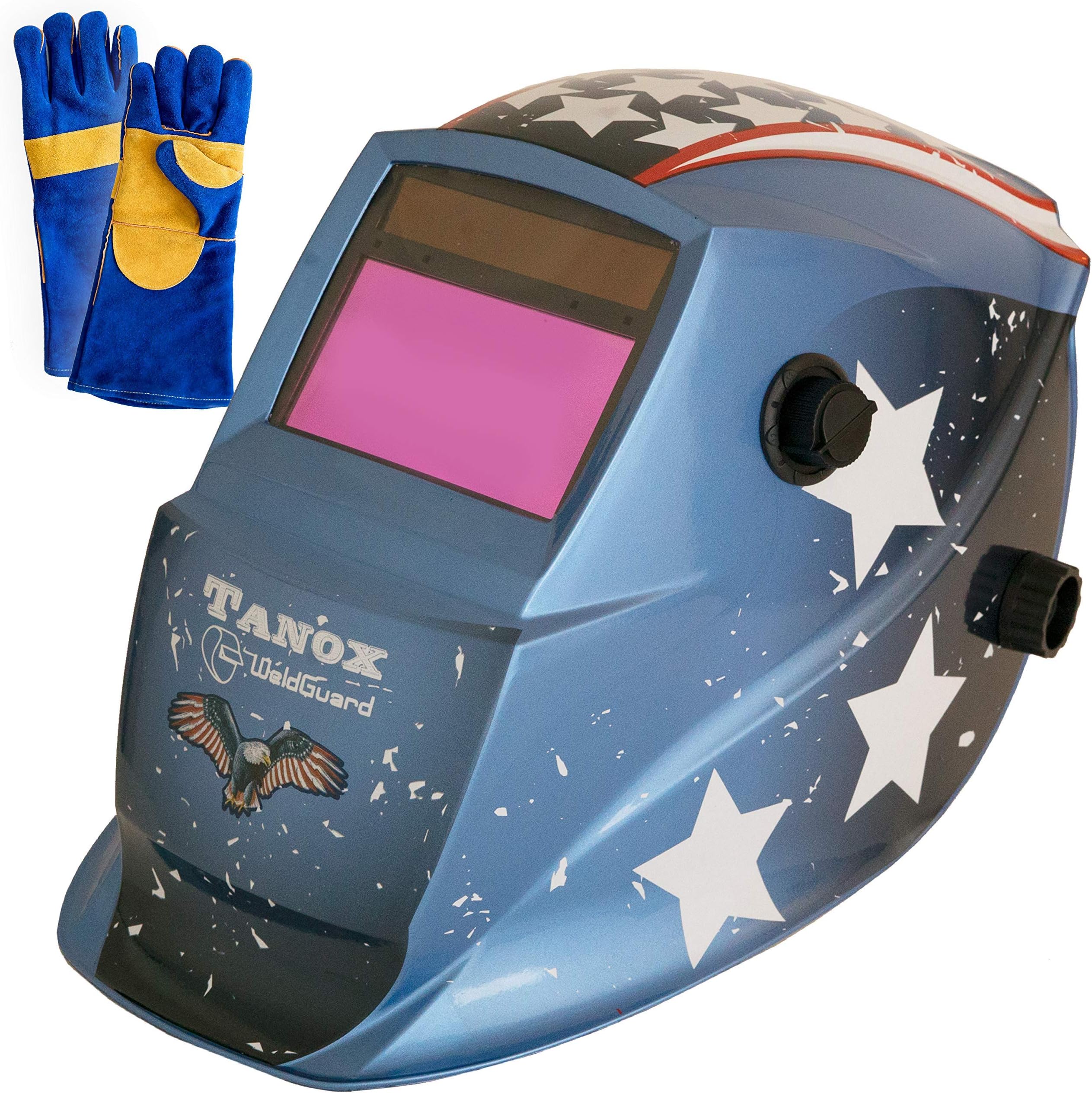 Tanox Auto Darkening Solar Powered Welding Helmet ADF-206U(USA POWER): Shade Lens, Tig Mig MMA, Adjustable Range 4/9-13, Grinding 0000, Plus 16 Inch Kevlar Fire Retardant Welding Gloves