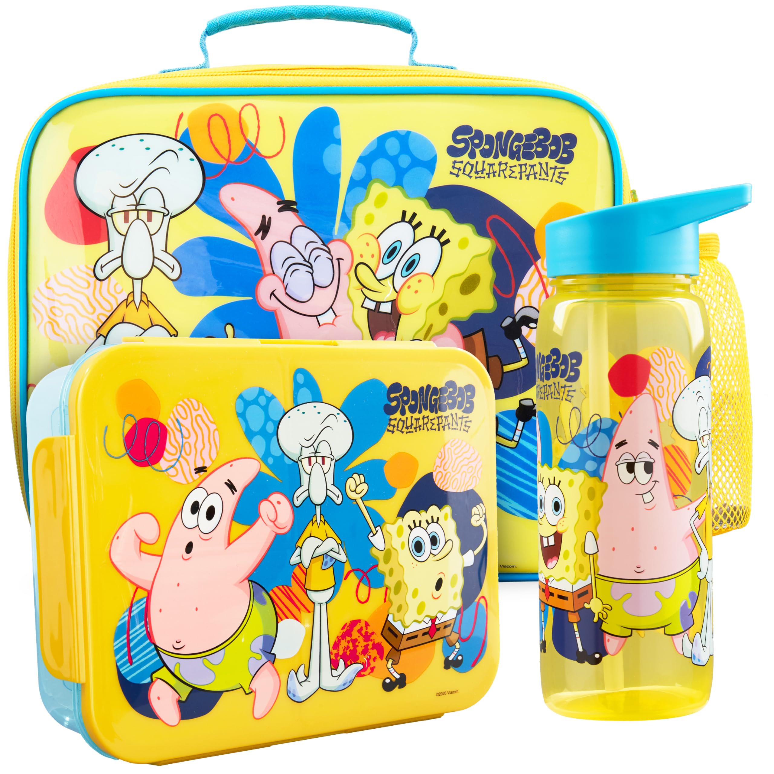 Get Trend SpongeBob SquarePants Kids Insulated Lunch Bag 3Pc Set with Bento Lunch Box & 640ml BPA-Free Water Bottle with Straw, Lightweight Kids Snack Box, School Supplies Boys Gifts (Multi SpongeBob)