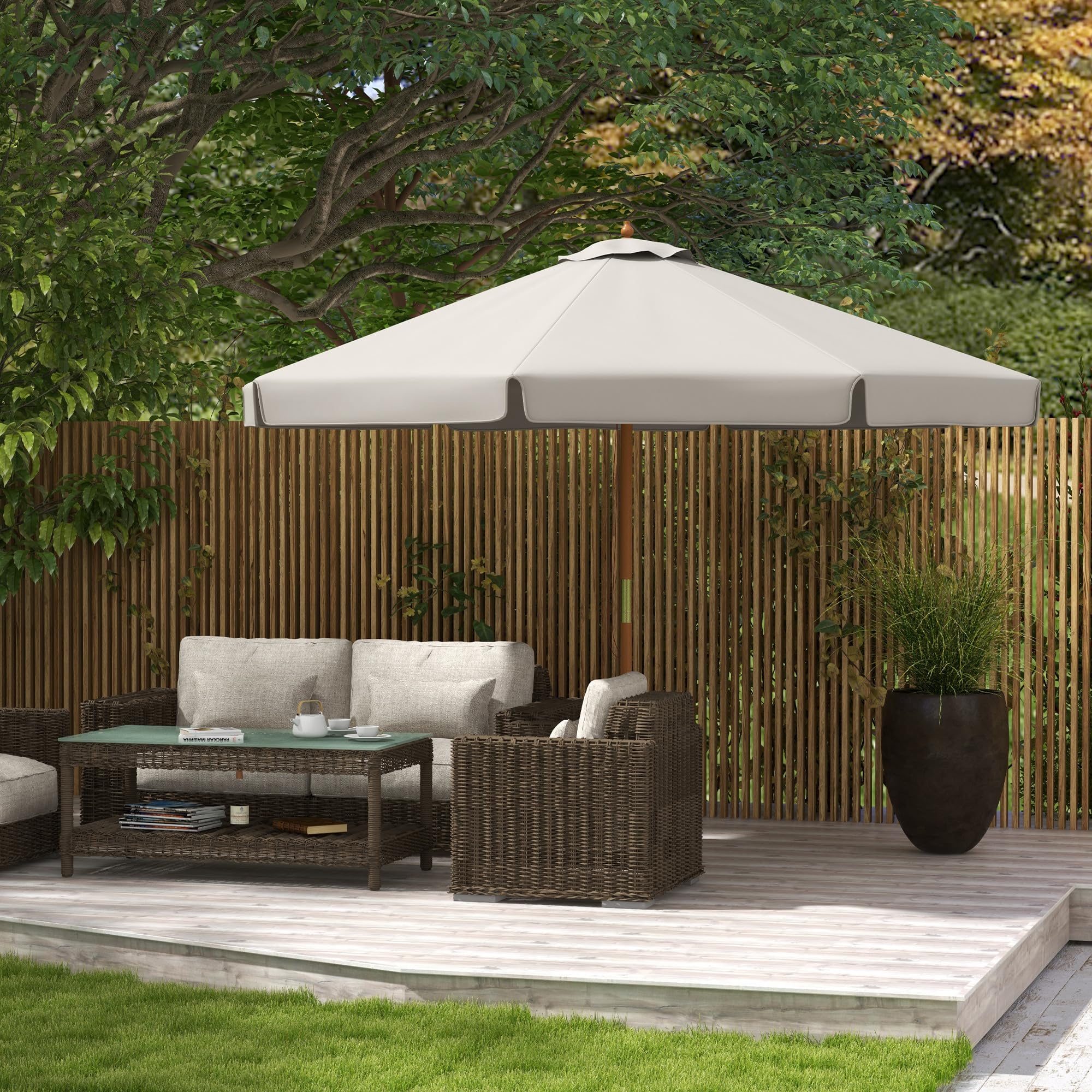 Outsunny Sombrilla Terraza Exterior Ø325 cm Sombrilla de Jardín con Sistema de Polea Techo Ventilado 8 Varillas de Bambú y Poste de Madera Parasol para Patio Terraza