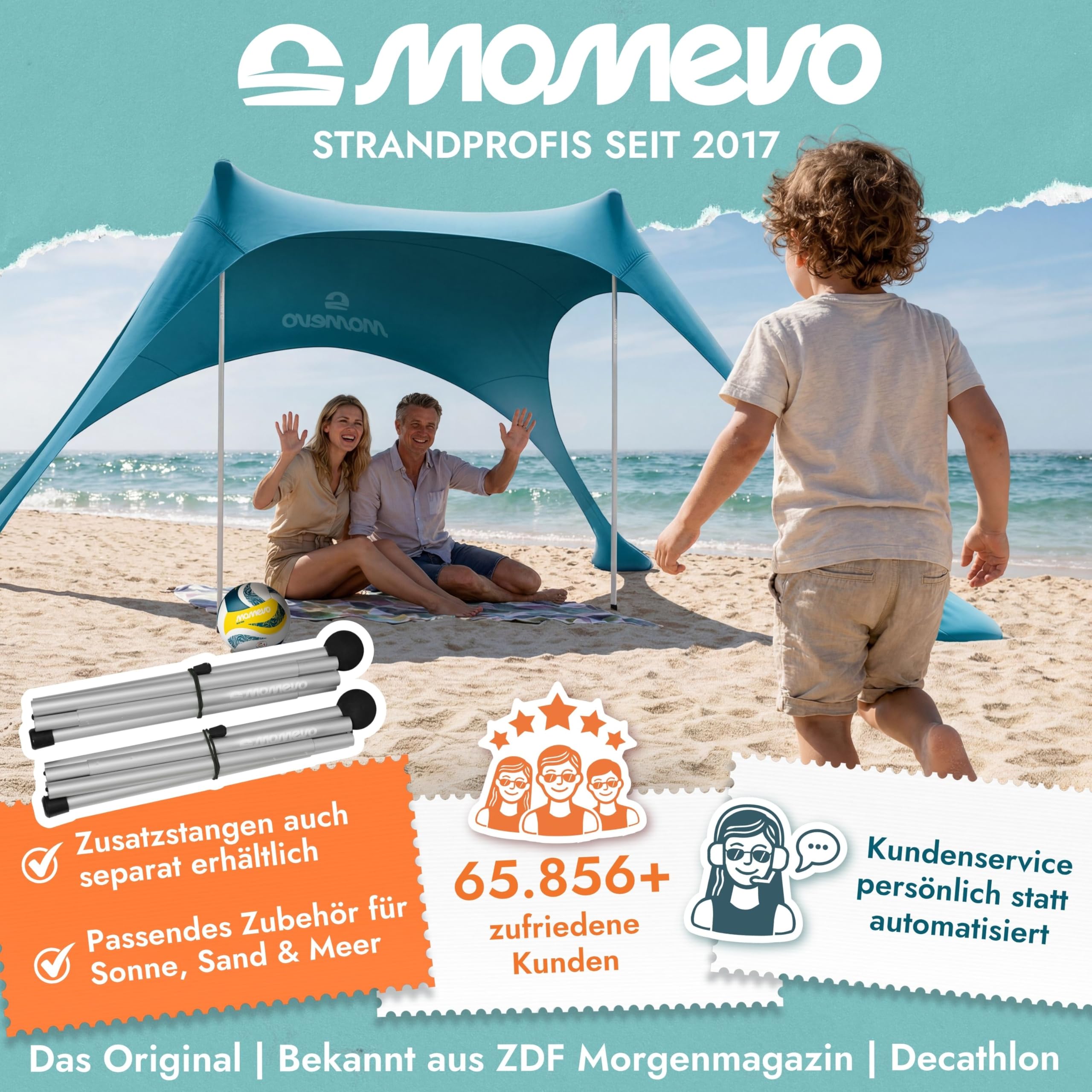 Sunsail Strandzelt Sonnensegel Strand UV Schutz UPF50+ windstabil leicht Next Level Strandmuschel 2 Stangen Petrolblau