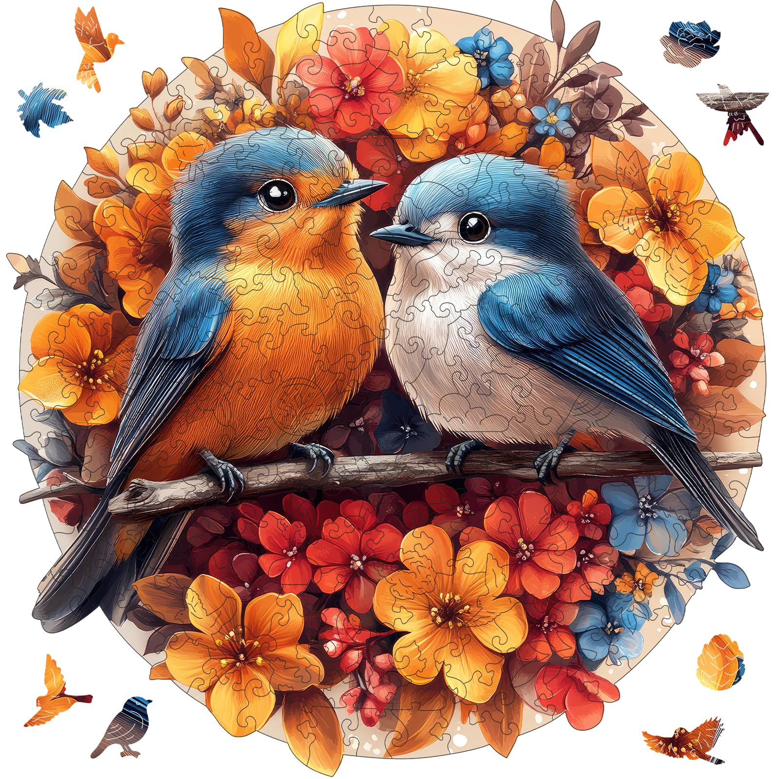 Mys Aurora Wooden Puzzles for Adults, Robin Bird Couple Jigsaw Puzzles 200 Pieces, 11 x 11.2 Inch, Medium, Unique Shaped Round Blue Birds Puzzles for