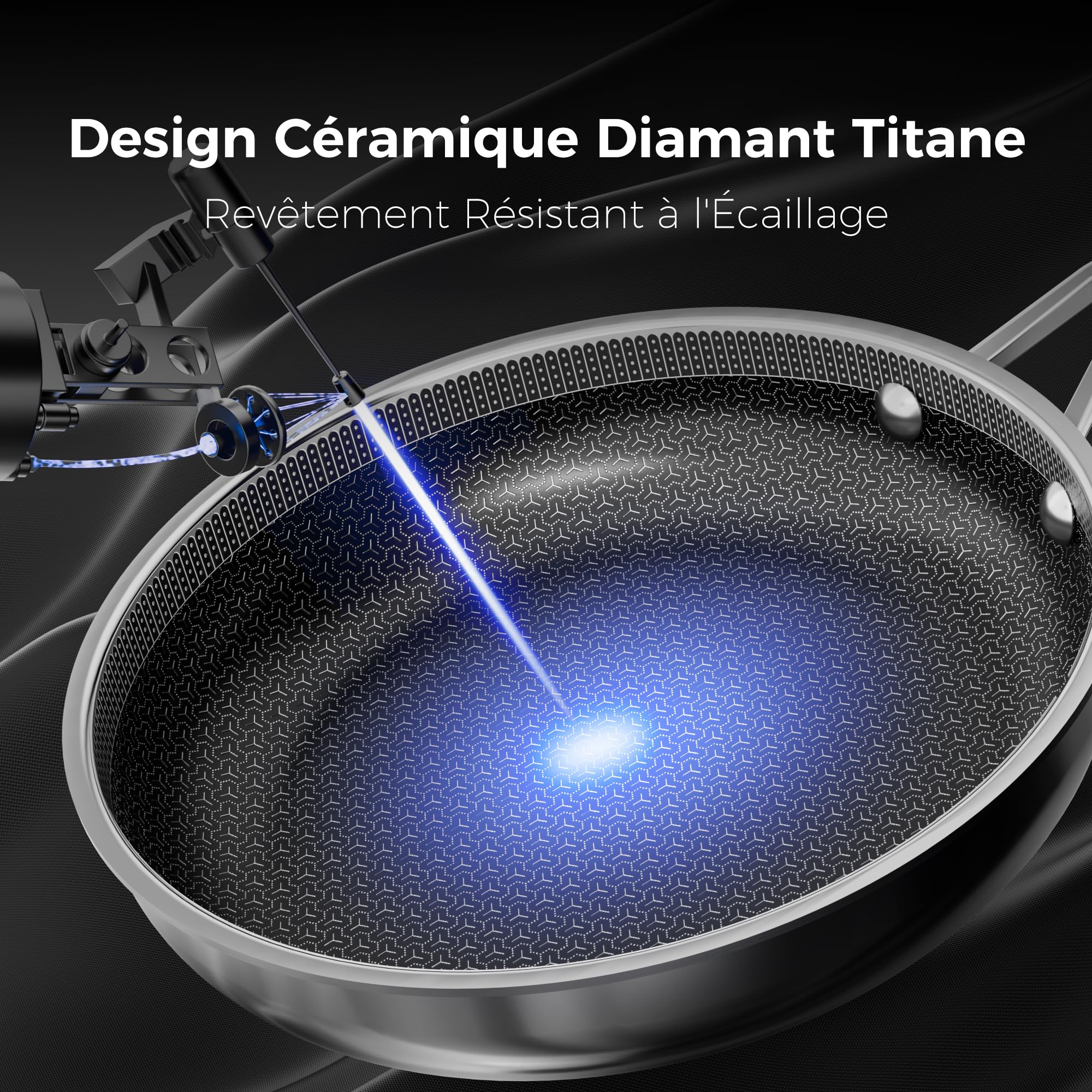 Poêle Hybride Acier Inoxydable 20 cm, Revêtement Céramique Diamant Titane, Structure 5 Couches, Surface Nid d'Abeille Laser, Compatible Induction, Poignée Froide, Lave-vaisselle