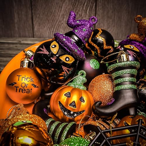 Miniatura 3 de Valery Madelyn Adornos de Halloween para árbol de Navidad, 24 unidades inastillables de gatos Jack-o'-Lantern calabaza, vintage, juego de adornos