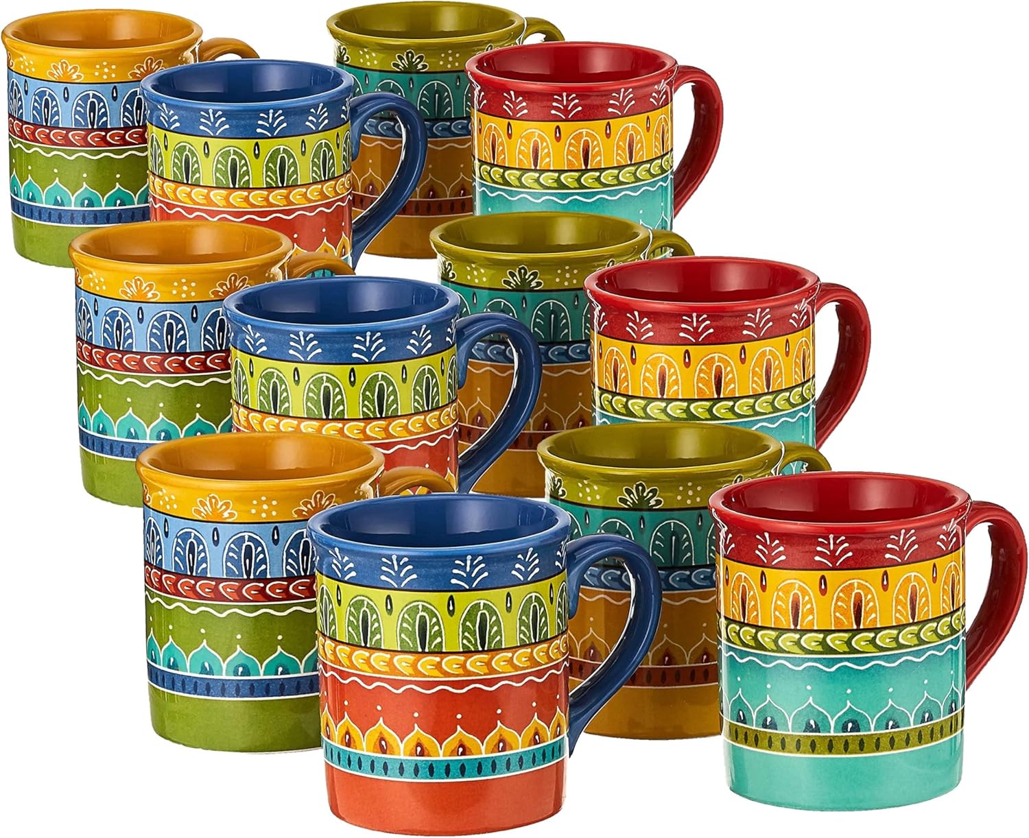 Valencia Mugs Set of 4 – 16 oz Colorful Ceramic Coffee Cups with Bold Multicolor Patterns, Microwave & Dishwasher Safe, Boho Kitchen Drinkware for Tea, Cocoa & More