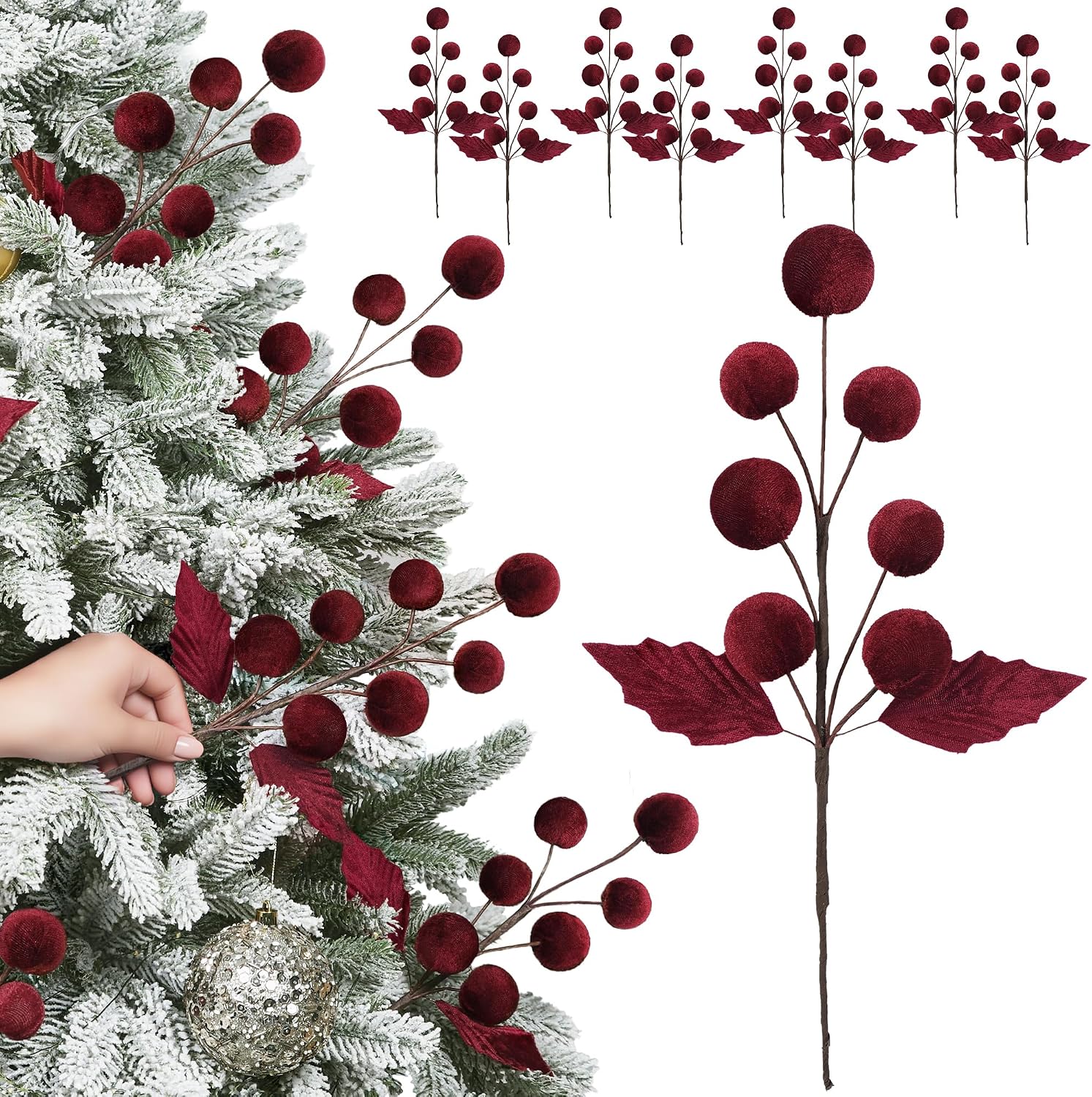 8 Pcs Burgundy Red Velvet Christmas Tree Picks, 14 Inch Xmas Berry Stems
