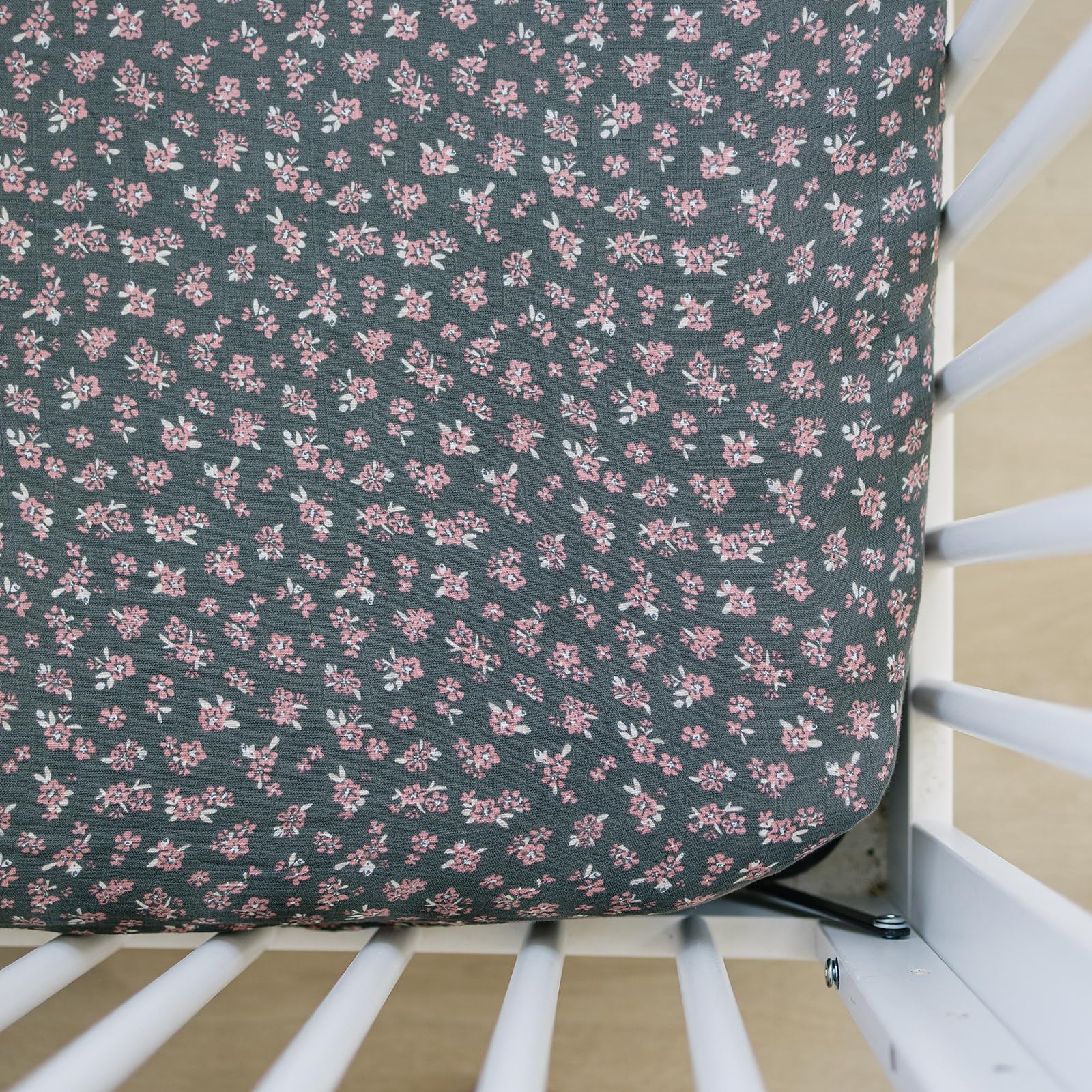 Olive Bloom Muslin Crib Sheet by Mebie Baby, Soft and Breathable Bed Sheets for Babies, Modern Neutral Bedding for Cribs, Standard Crib Mattress Fitted Sheet, Great for Boy or Girl Room