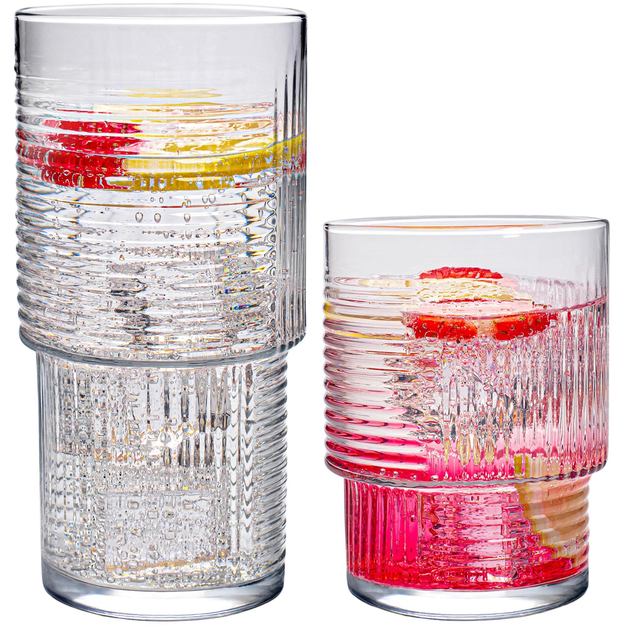 KONZEPT Eisfreundliches Gläser Set 12-teilig: 6 Longdrinkgläser 400ml + 6 Geriffelte kleine Gläser 320ml, perfekt für Ka